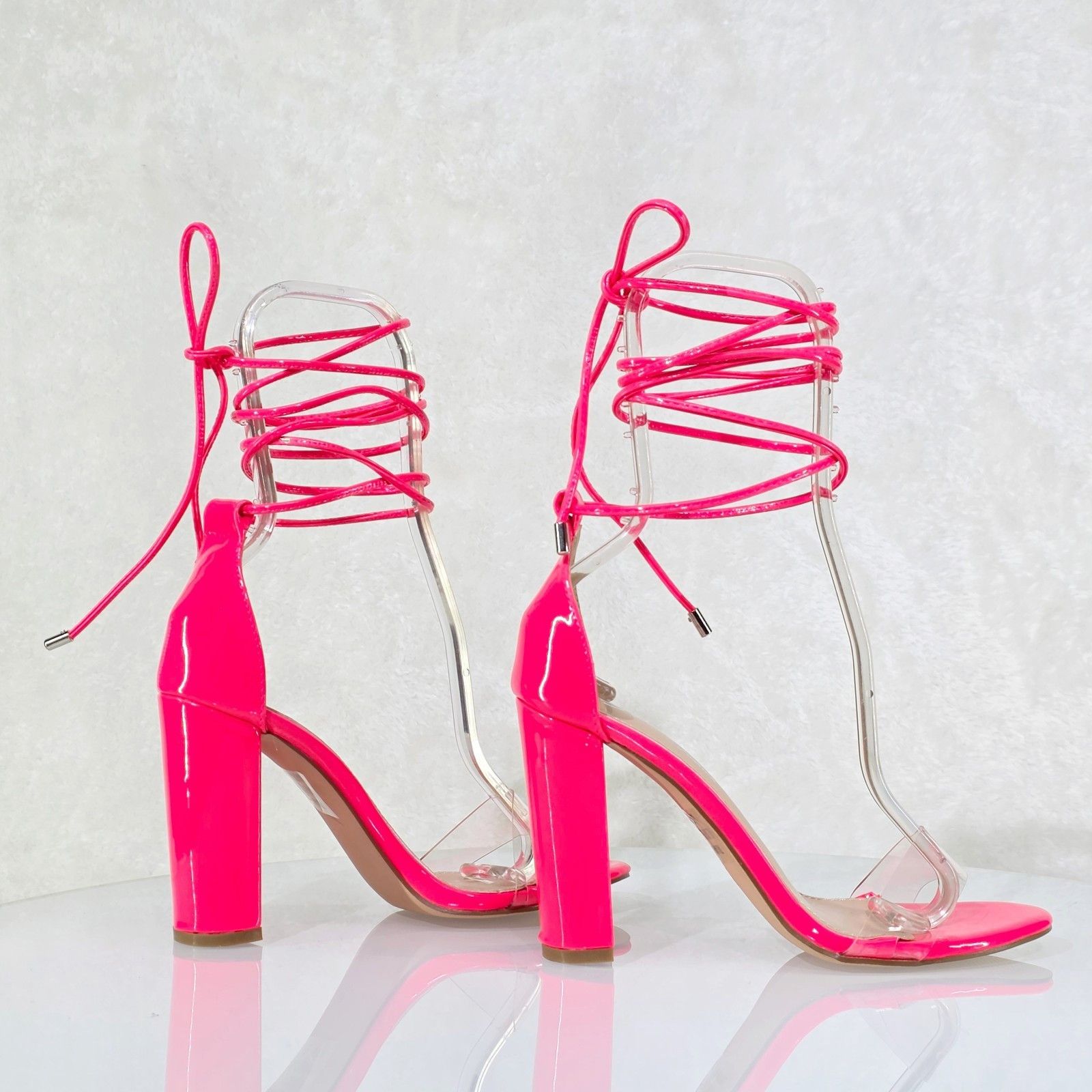 Other Shocker Tie Up Ankle Strap Neon Pink Chunky High Heels Sand Size US 9 / IT 39 - 1 Thumbnail