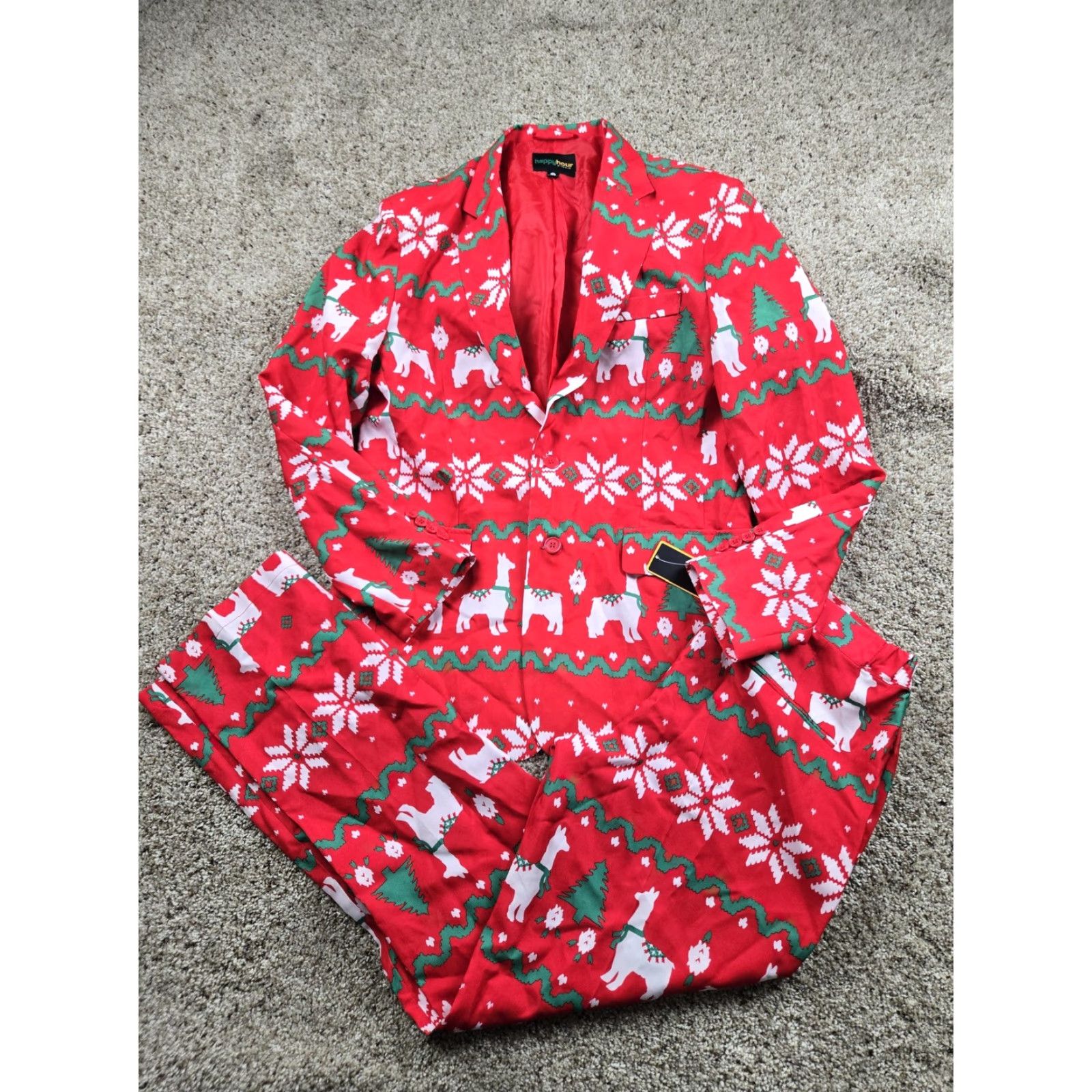 Vintage Tipsy Elves Happy Hour Suit Mens M Red 2 Piece Christmas Ugly NWT Shirt Jacket Regular Fit Notch Lapel Front Button Vintage? Size 40R - 2 Thumbnail