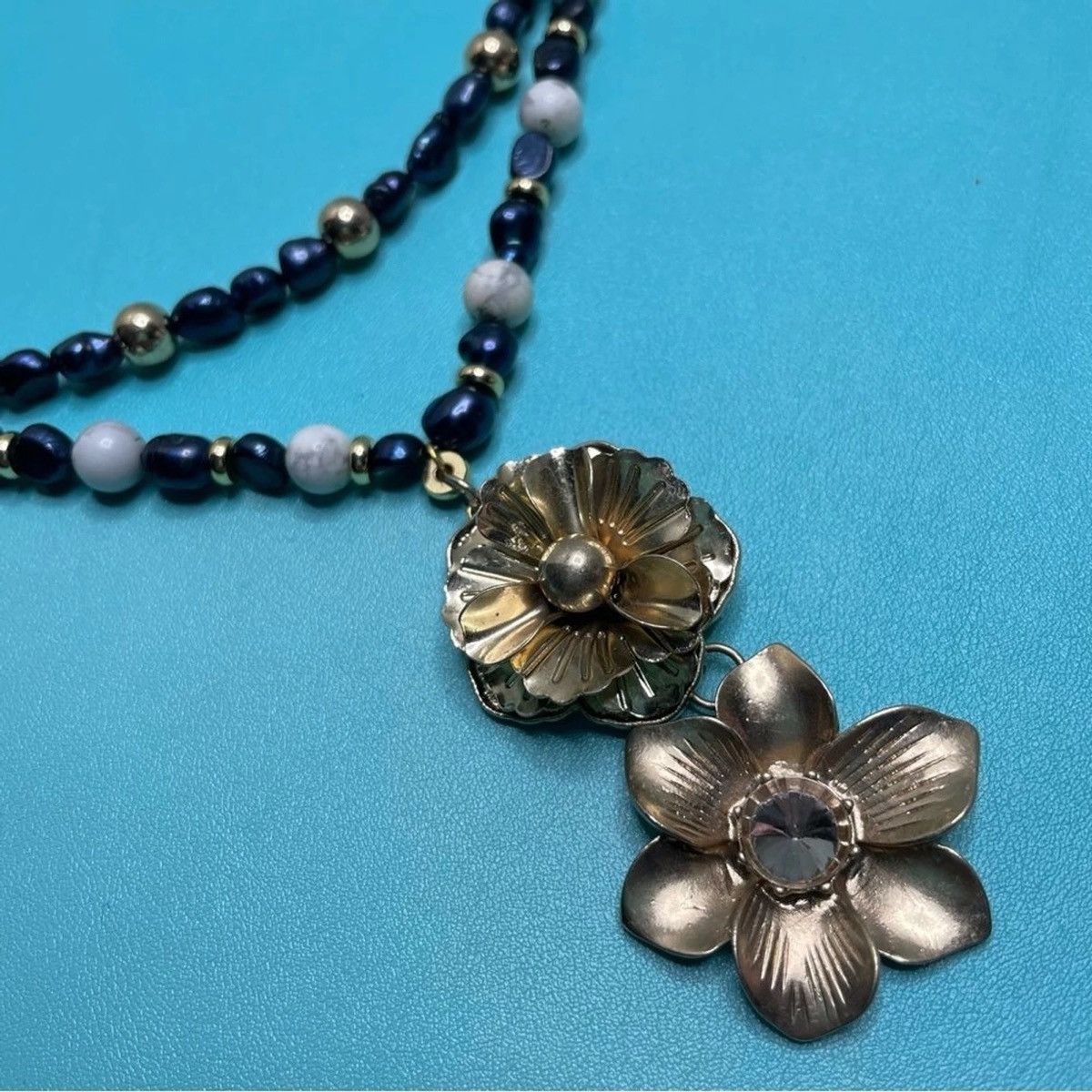 Handmade Crafted Pearl Stone Beaded Flower Pendant Layered