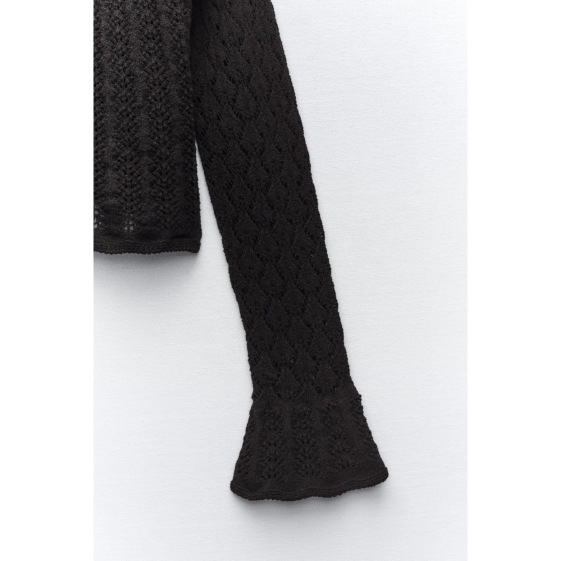 Zara Zara Black Pointelle Ruffle Long Sleeve Semi Crop Top Size S / US 4 / IT 40 - 8 Thumbnail