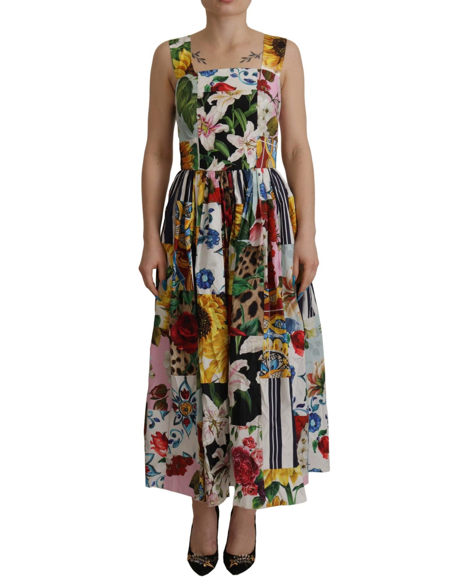 Image of Dolce Gabbana Floral A-Line Midi Cotton Dress, Women's (Size XS)