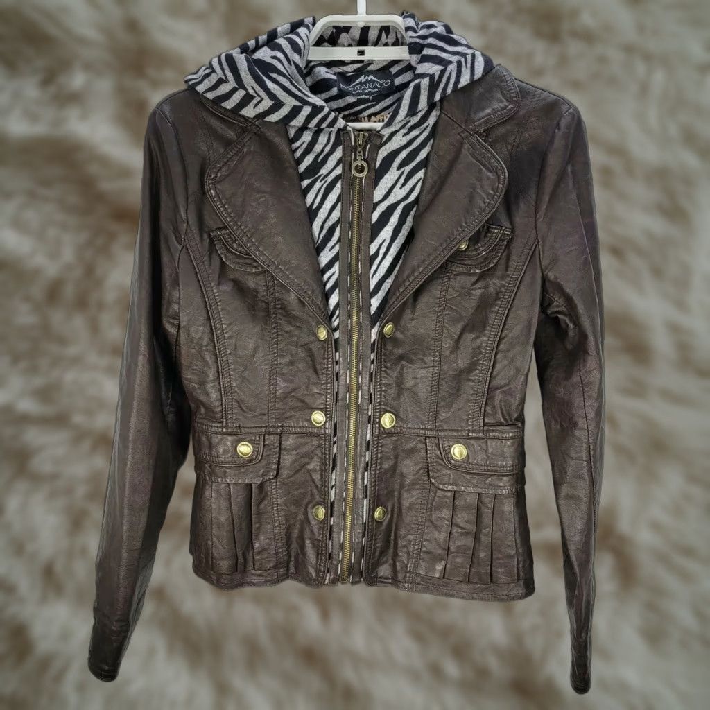 Vintage Montanaco Women's Hooded Faux Leather Jacket Brown Zebra Print Sz S - Animal Print, Gold Button, Mid-Length, Casual Coat Size S / US 4 / IT 40 - 1 Thumbnail