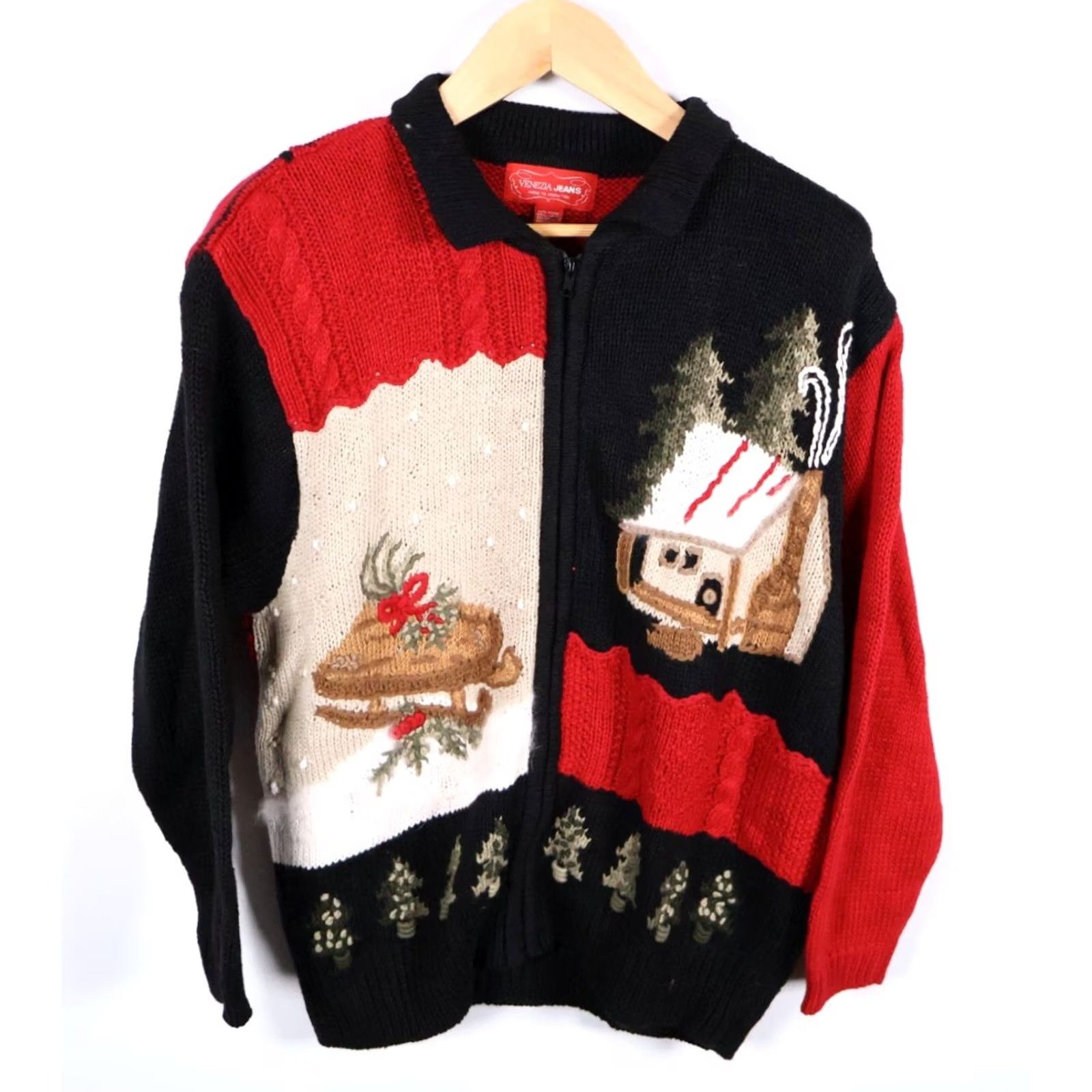 Vintage VINTAGE Venezia Cardigan Women's Red Black Full Zip Sweater 14 / 16 90s Christmas Tree Motif Size XXL / US 16-18 / IT 52-54 - 2 Thumbnail