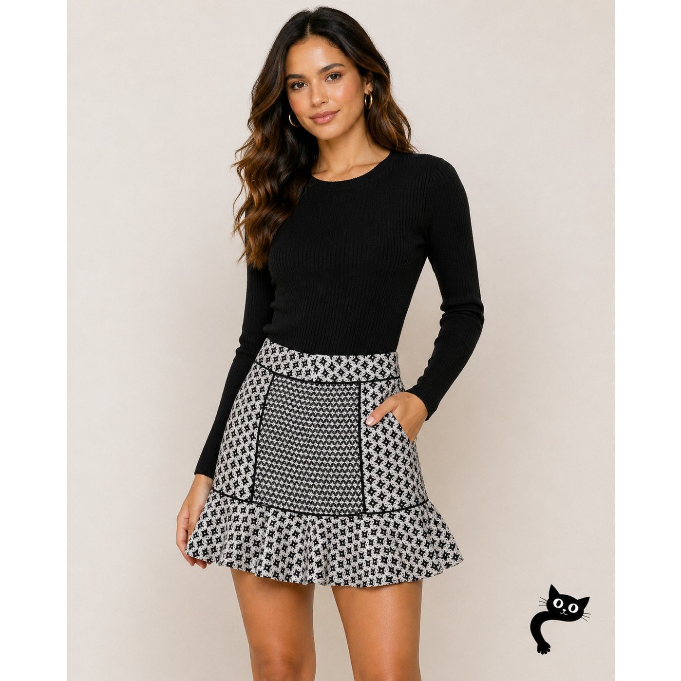 Loft Ann Taylor Loft Black White Geometric Ruffle Flair Mini 00P Size 24" / US 00 / IT 34 - 3 Thumbnail