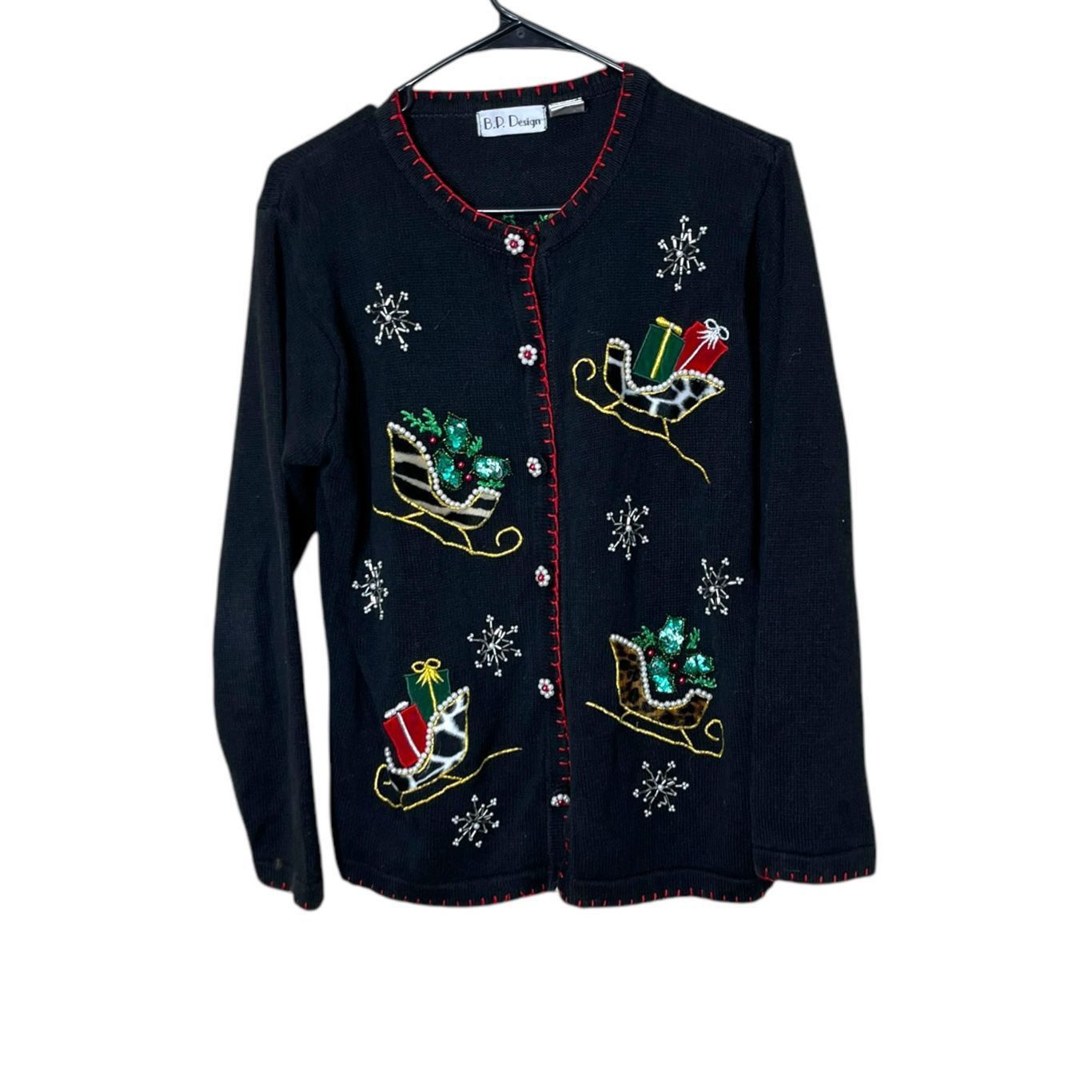Other Vintage BP Design Christmas Cardigan Leopard Fur Sleighs Seq Size S / US 4 / IT 40 - 2 Thumbnail