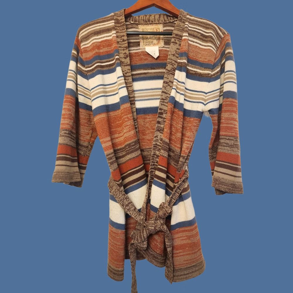 Billabong Vtg Billabong Cardigan Sweater Womens Medium Multicolor Striped 3/4 Sleeve Belted Open Front Pockets Boho Knit Size M / US 6-8 / IT 42-44 - 1 Thumbnail