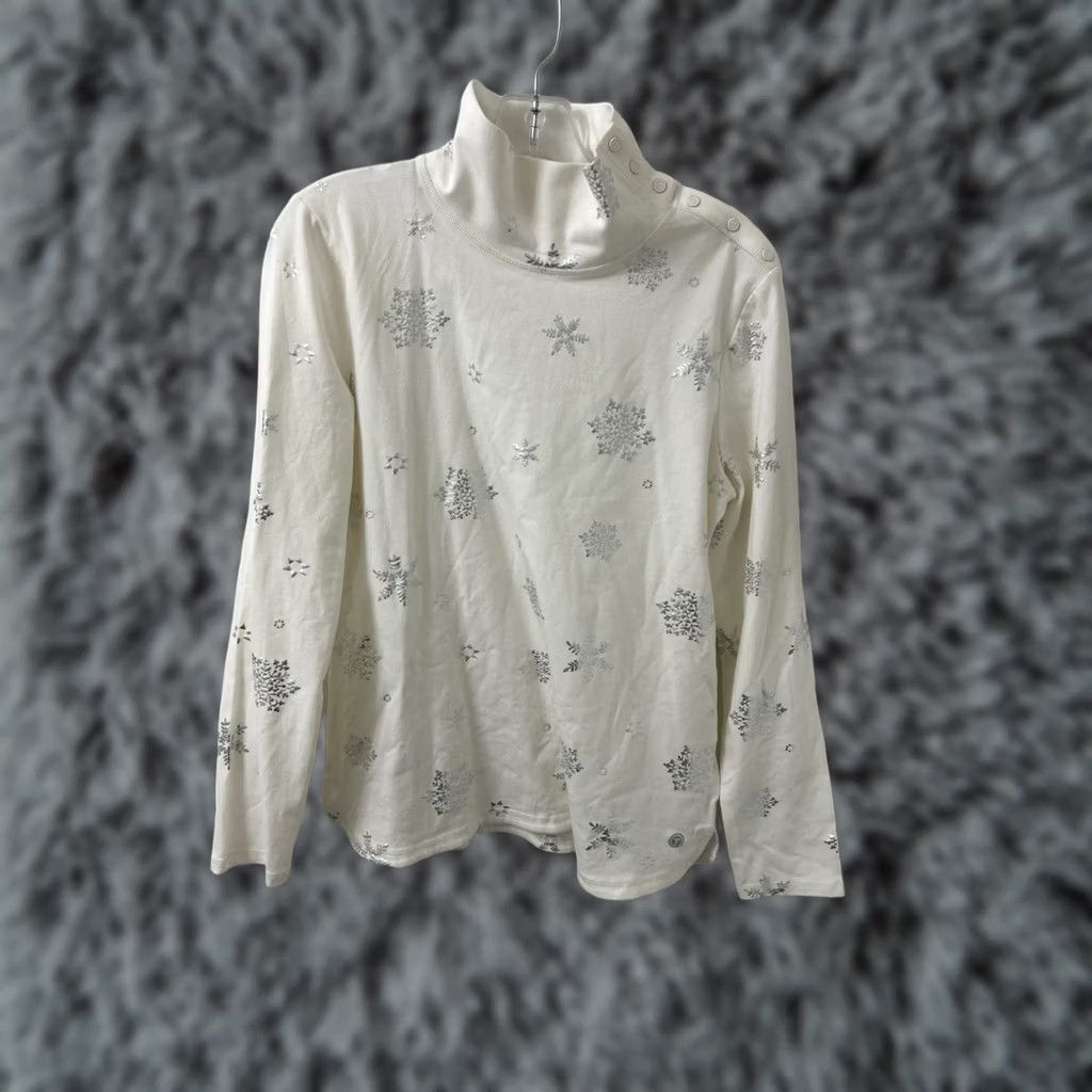 Talbots T by Talbots Top Womens M Ivory Silver Snowflake Button Mock Neck Sweatshirt NWT Size M / US 6-8 / IT 42-44 - 1 Thumbnail