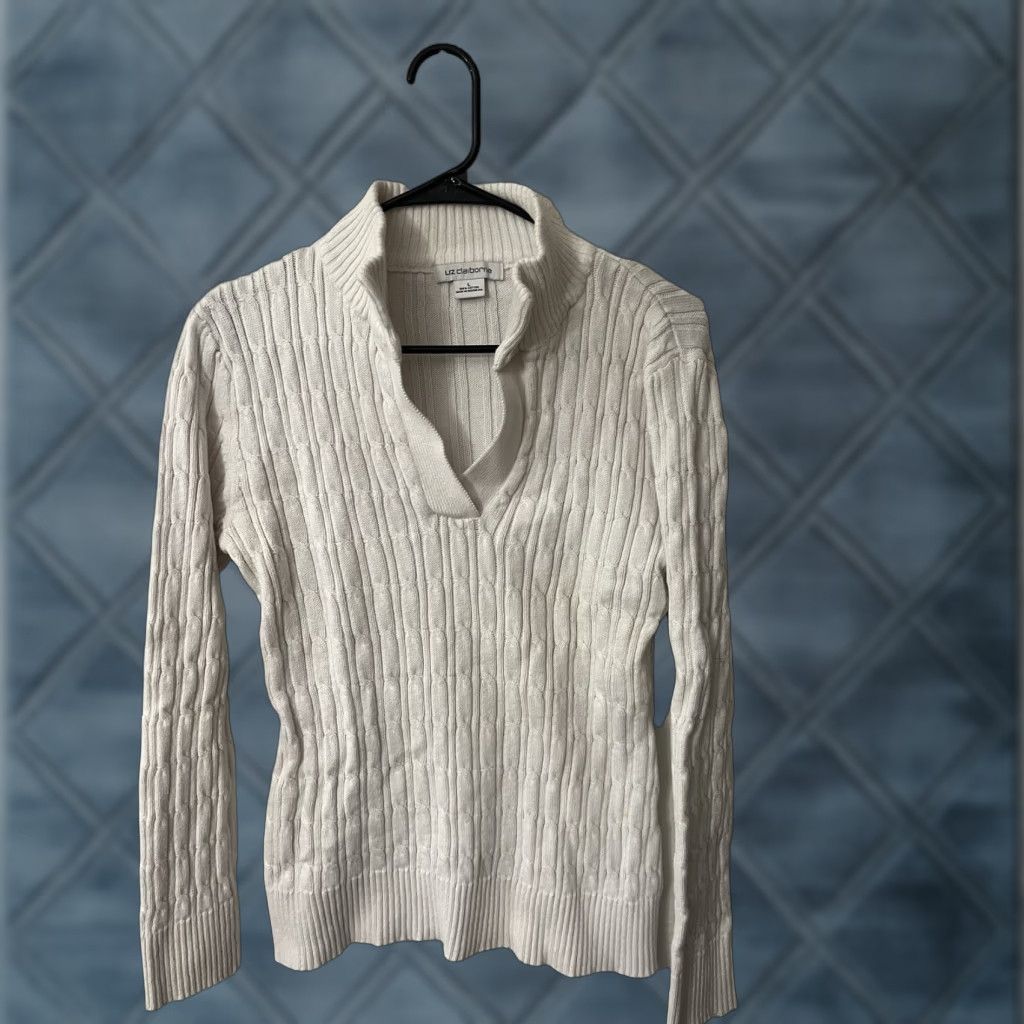 Liz Claiborne Liz Claiborne Sweater L White V-Neck Long Sleeve Cable-Knit Cotton Pullover Women Size L / US 10 / IT 46 - 1 Thumbnail