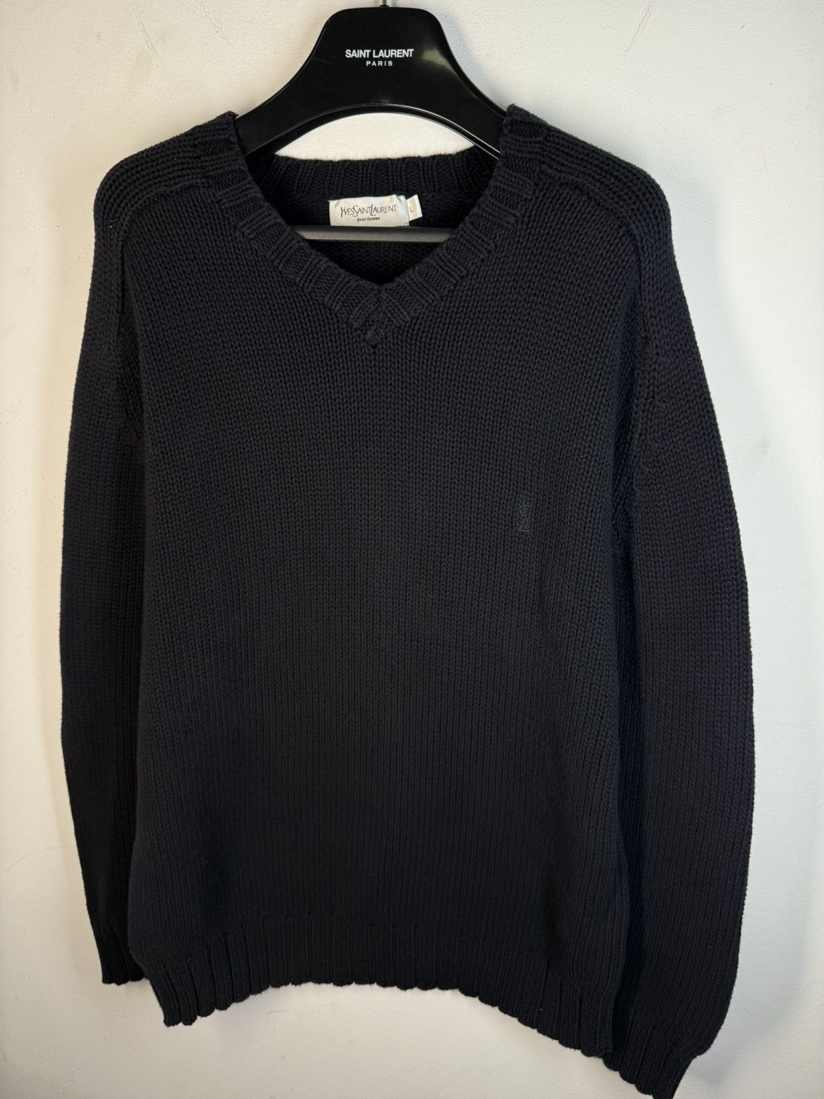 Yves Saint Laurent Heavy YSL Sweater Knit Thick V-neck Navy/Grey YSL Sweatshirt Size US L / EU 52-54 / 3 - 14 Thumbnail