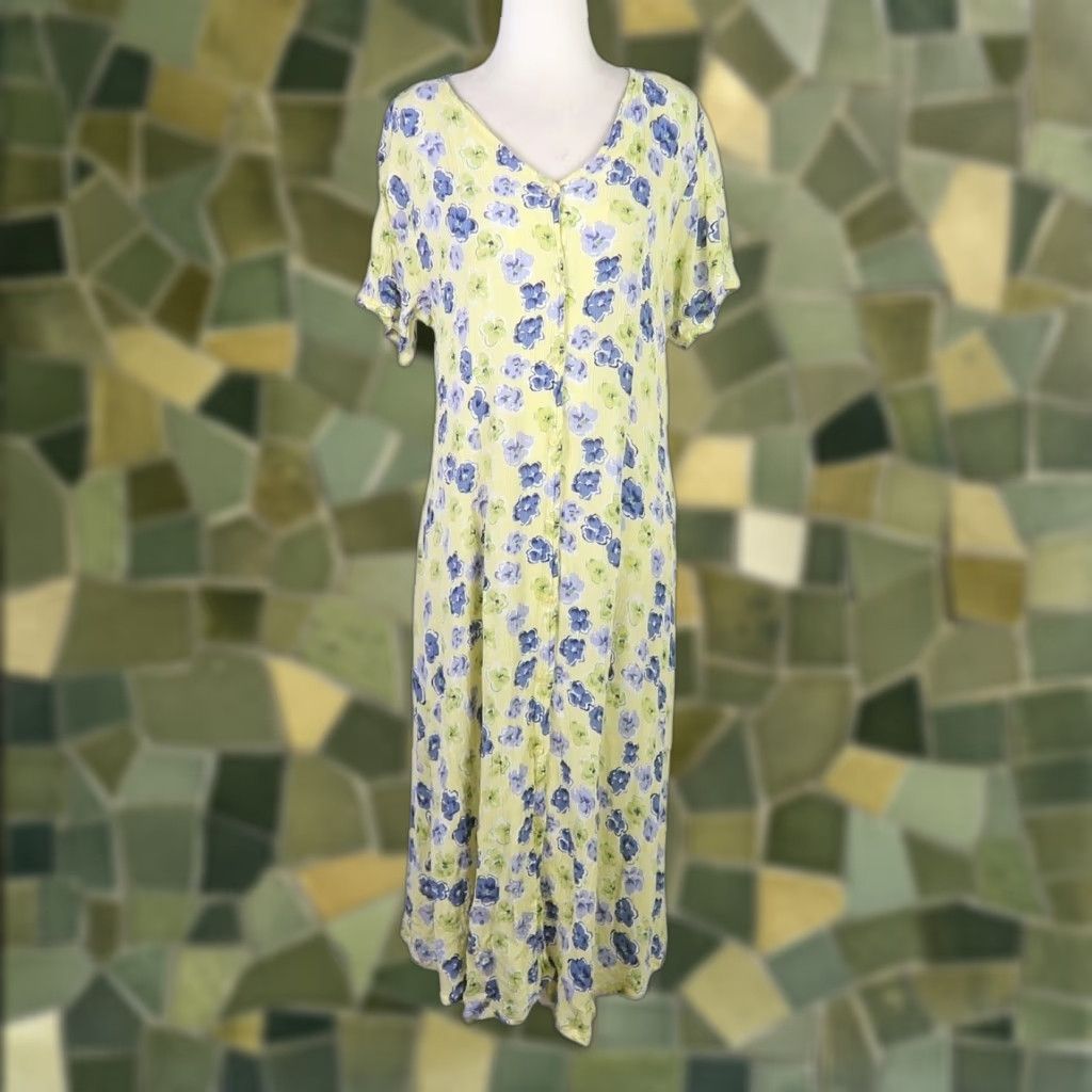 Vintage VINTAGE Amanda Stewart Dress Midi Floral Yellow Blue Short Sleeve Petite L Womens 90s Bohemian Sundress Size L / US 10 / IT 46 - 1 Thumbnail