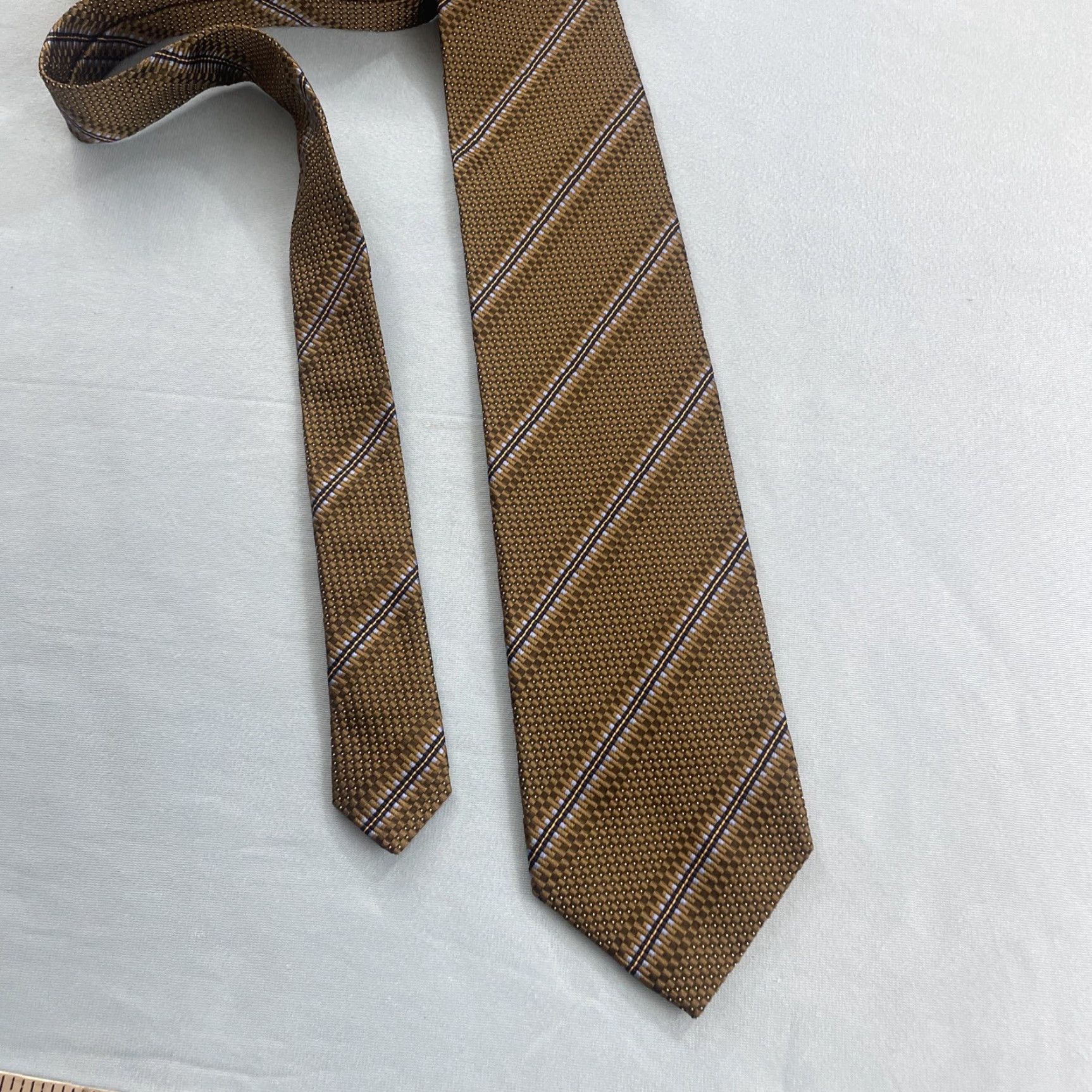 Vintage VINTAGE XMI Designer Tie Men Silk 100% Silk Hand Made Classic 57"-60" Brown Gold Black Blue Geometric Striped Accents Executive Wide 1990s USA Mens Size ONE SIZE - 5 Thumbnail