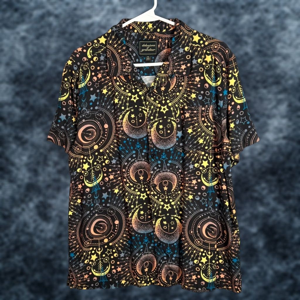 Vintage Delusions Of Grandeur Mens Shirt Short Sleeve Adult Medium Black Rayon Button Cosmic Print Mens Size US M / EU 48-50 / 2 - 1 Thumbnail