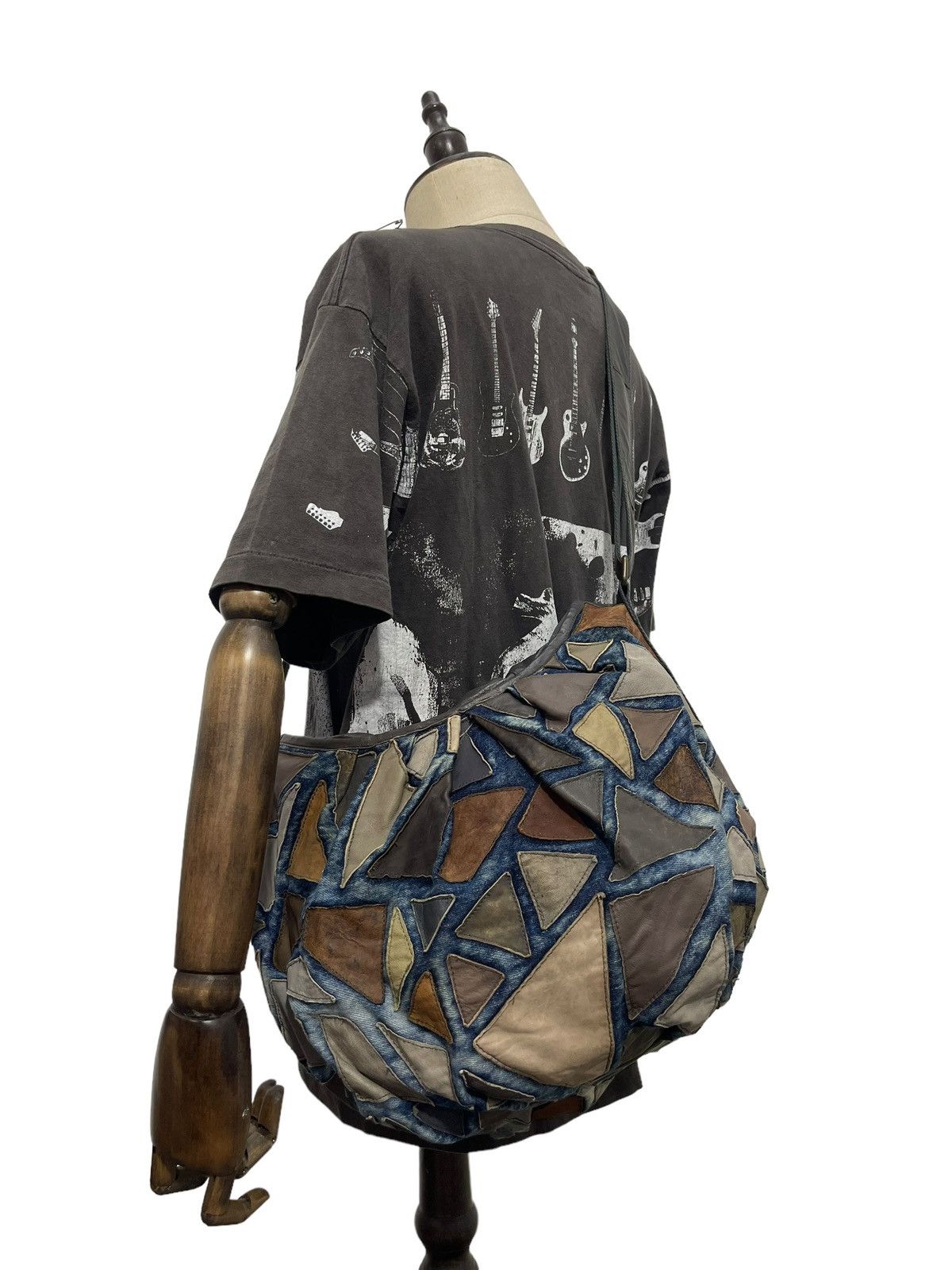 Patchwork Leather X Denim Handmade Custom Messenger Bag 3 in Blue, Men's