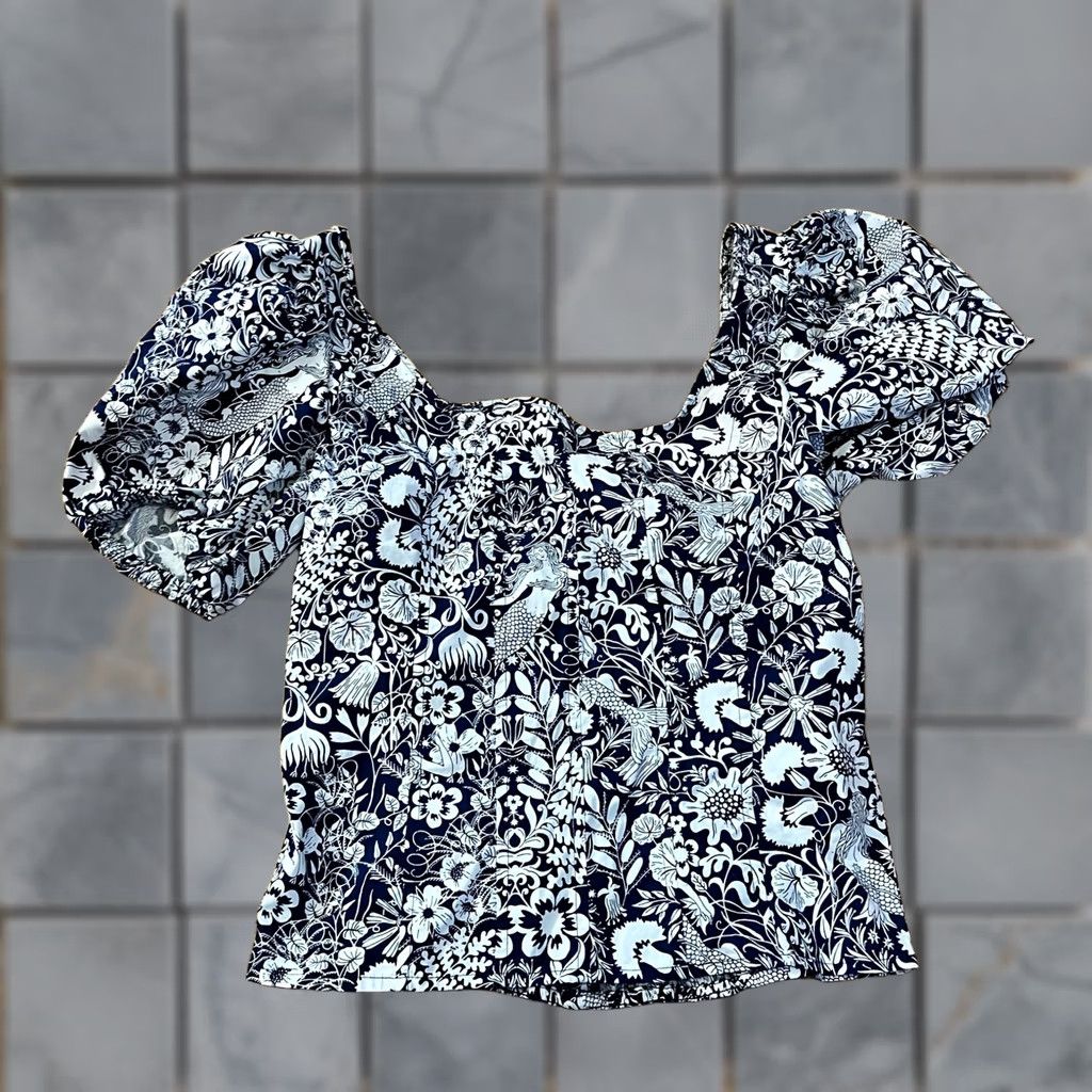 J.Crew J. Crew Shirt Womens XS Puff Sleeve Cotton Poplin Square Neck Top Navy Floral Blouse Size XS / US 0-2 / IT 36-38 - 1 Thumbnail