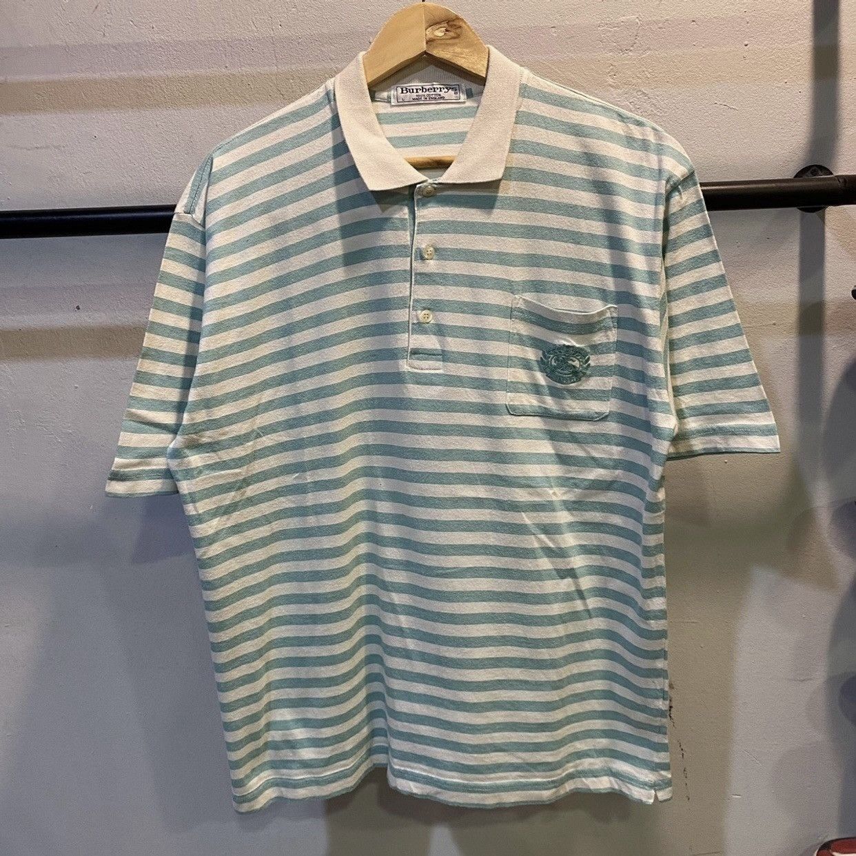 Burberry Vintage Burberrys Logo On Pocket Stripe Polo T Shirt Size US L / EU 52-54 / 3 - 1 Thumbnail