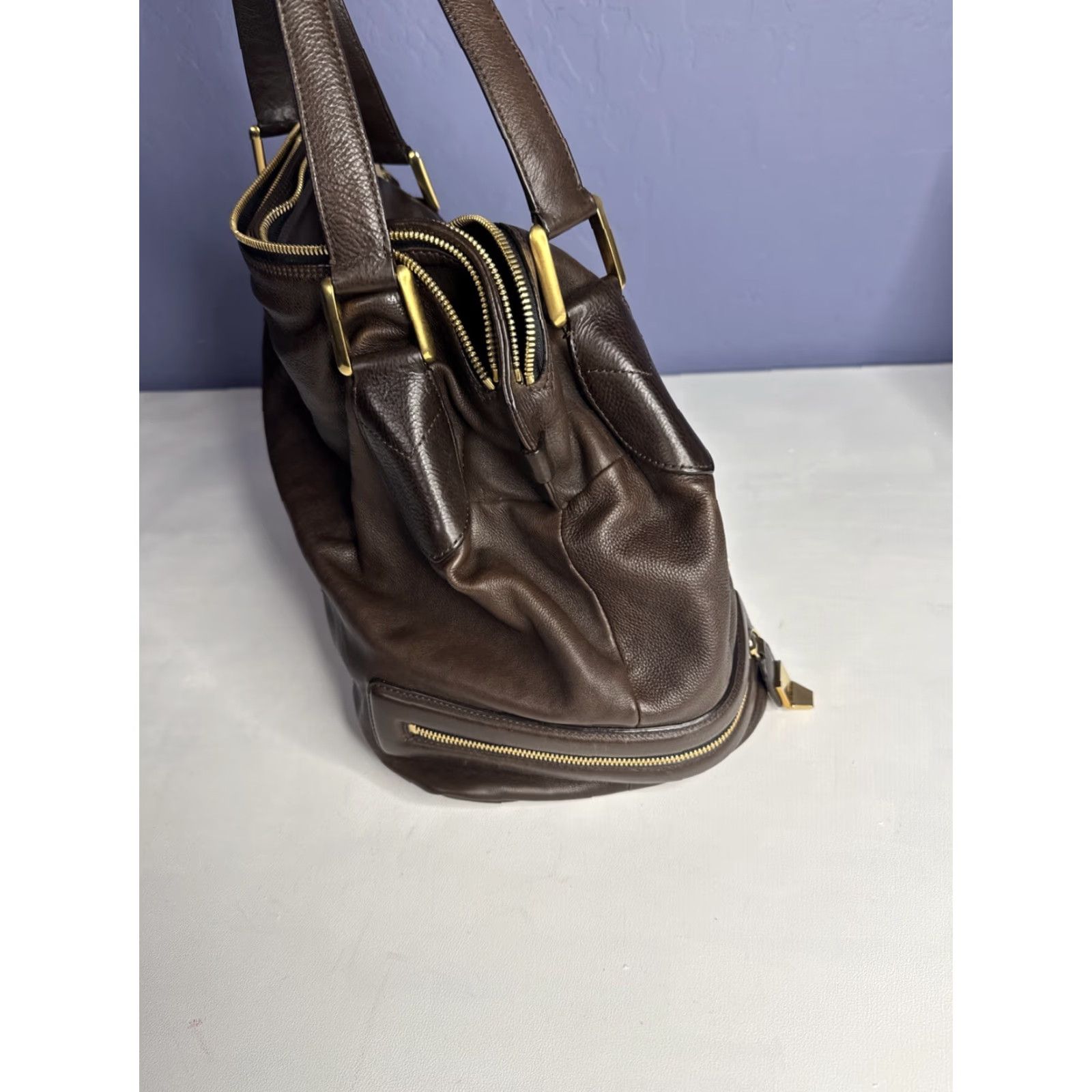 Vintage Chole Shoulder Bag Brown Leather Calfskin Cary Zipped Purse Gold Accents Women Medium? Size ONE SIZE - 5 Thumbnail