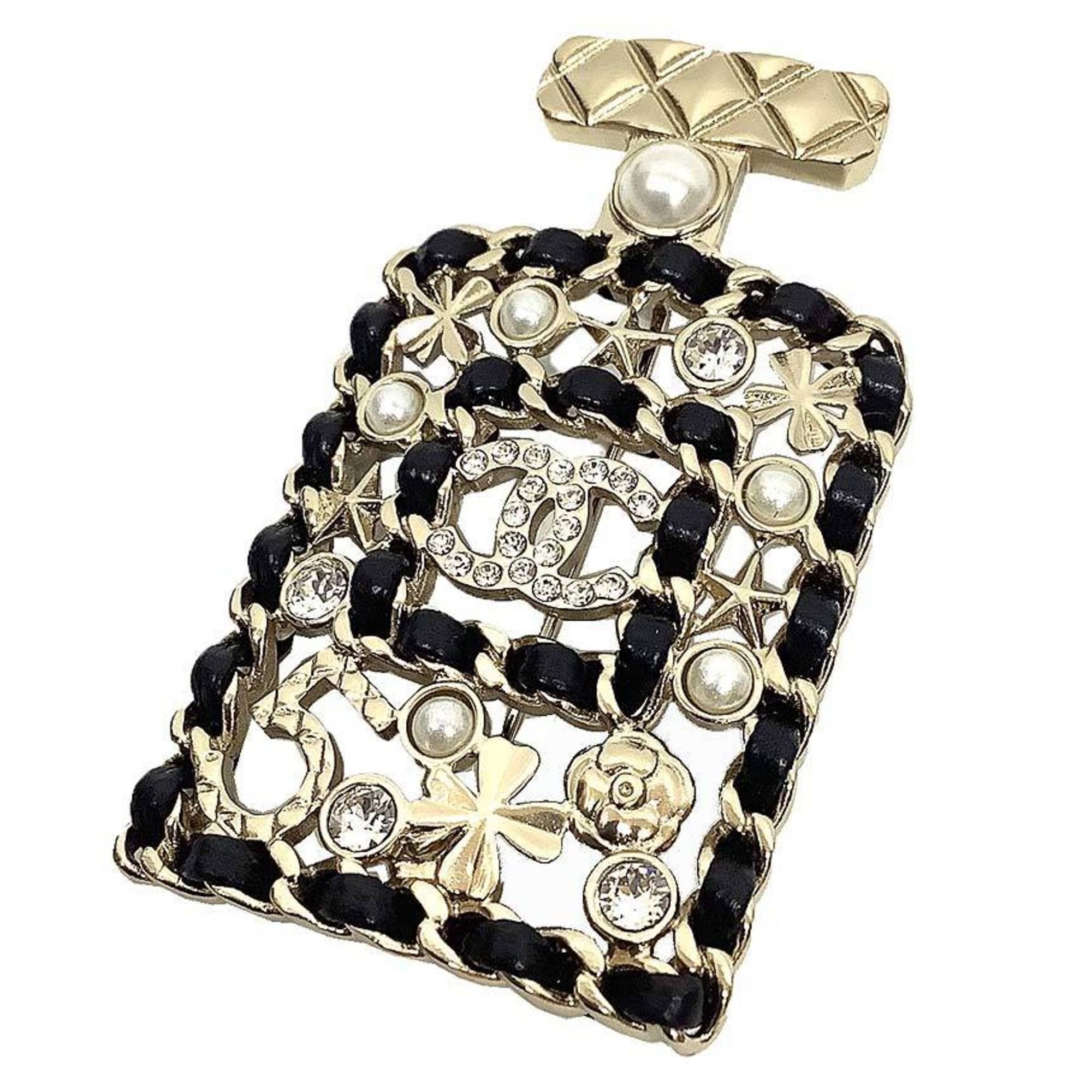 Chanel CHANEL Brooch with Bottle Motif, Matelasse Design, Clover, Camellia, Pearl, Coco Mark, Gold and Black, Brass Leather Size ONE SIZE - 1 Thumbnail