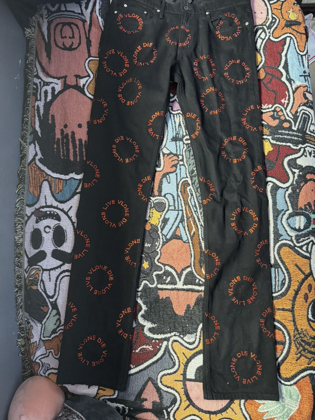 image of Vlone Rhinestone Denim in Black/Orange, Men's (Size 36)