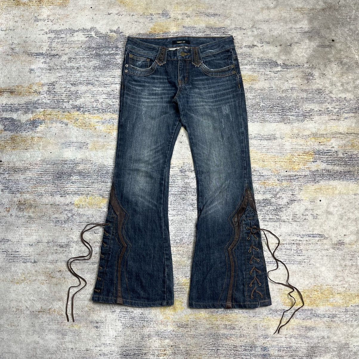 Tornado Mart Tornado Mart Leopard Print Lace up Flared Denim Jeans