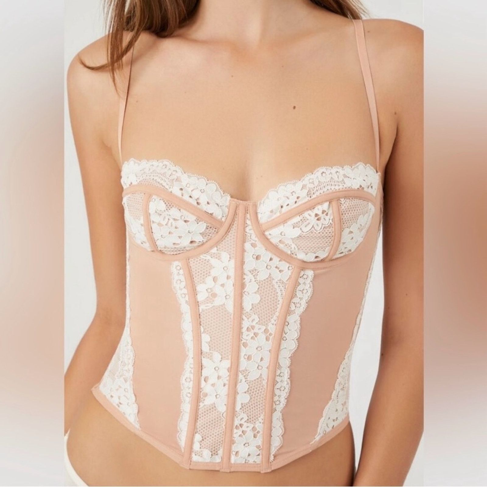Forever 21 Forever 21 Lace Bustier Pink White Corset Top Adjustable EUC Size ONE SIZE - 11 Thumbnail