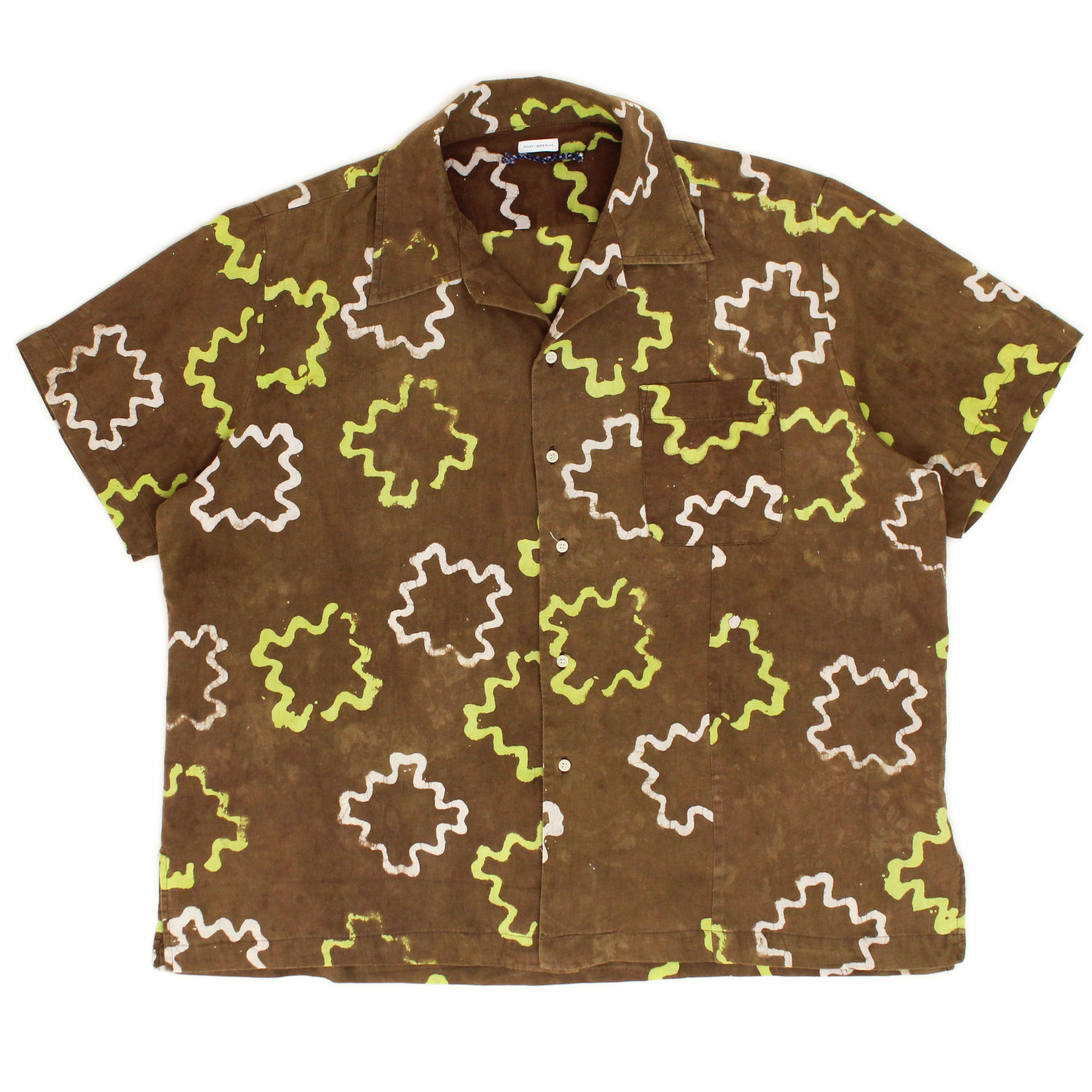 image of Post Imperial Adire Resist Dyed Short Sleeve Camp Collar Shirt in Brown, Men's (Size Large)