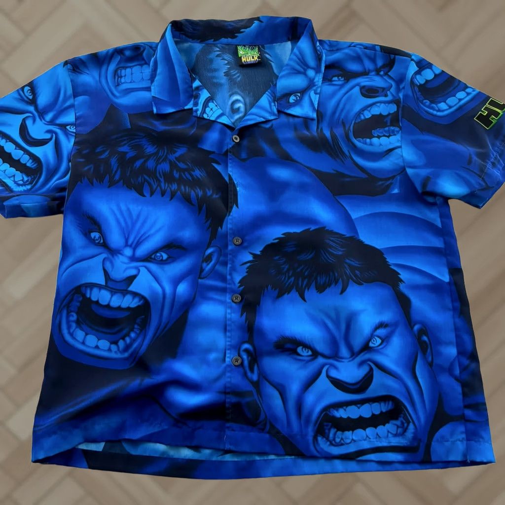 Vintage Hulk The Incredible Hulk All Over Print Short Sleeve Button Front Shirt XL Blue Mens Shirt Hulk Size US XL / EU 56 / 4 - 1 Thumbnail