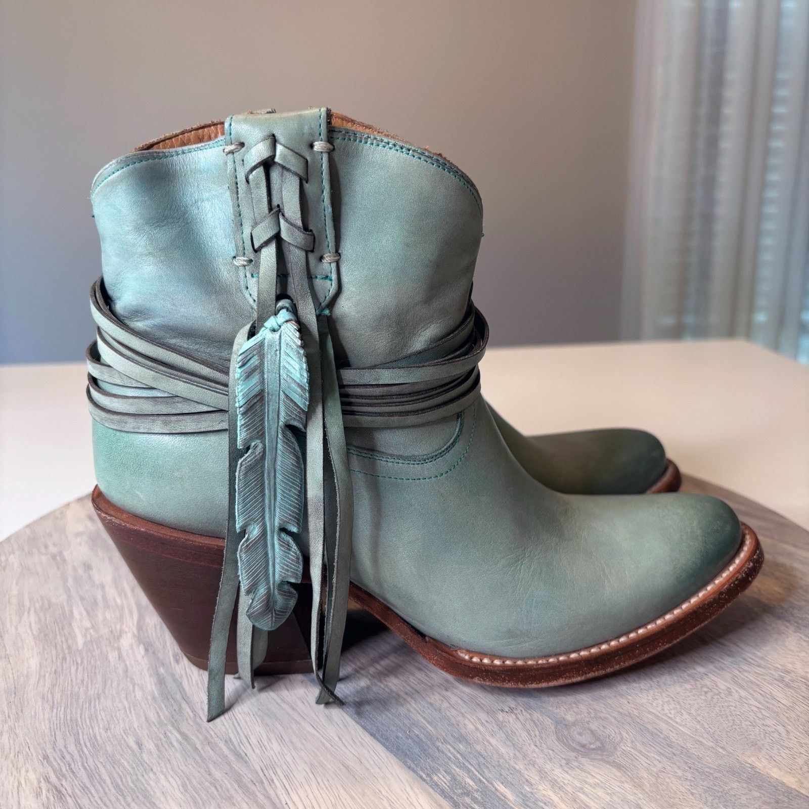 Lucchese Lucchese Green Leather Ankle Boots Feather Tassel Size 6.5 B Size US 6.5 / IT 36.5 - 3 Thumbnail