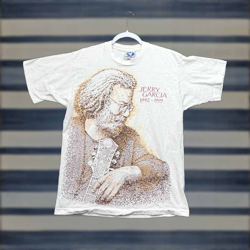Liquid Blue VINTAGE Grateful Dead Jerry Garcia Shirt Mens Large Liquid Blue 90s AOP Short Sleeve Crew Neck Cotton Beige 90s Music Memorial Gift Mens Size US L / EU 52-54 / 3 - 1 Thumbnail