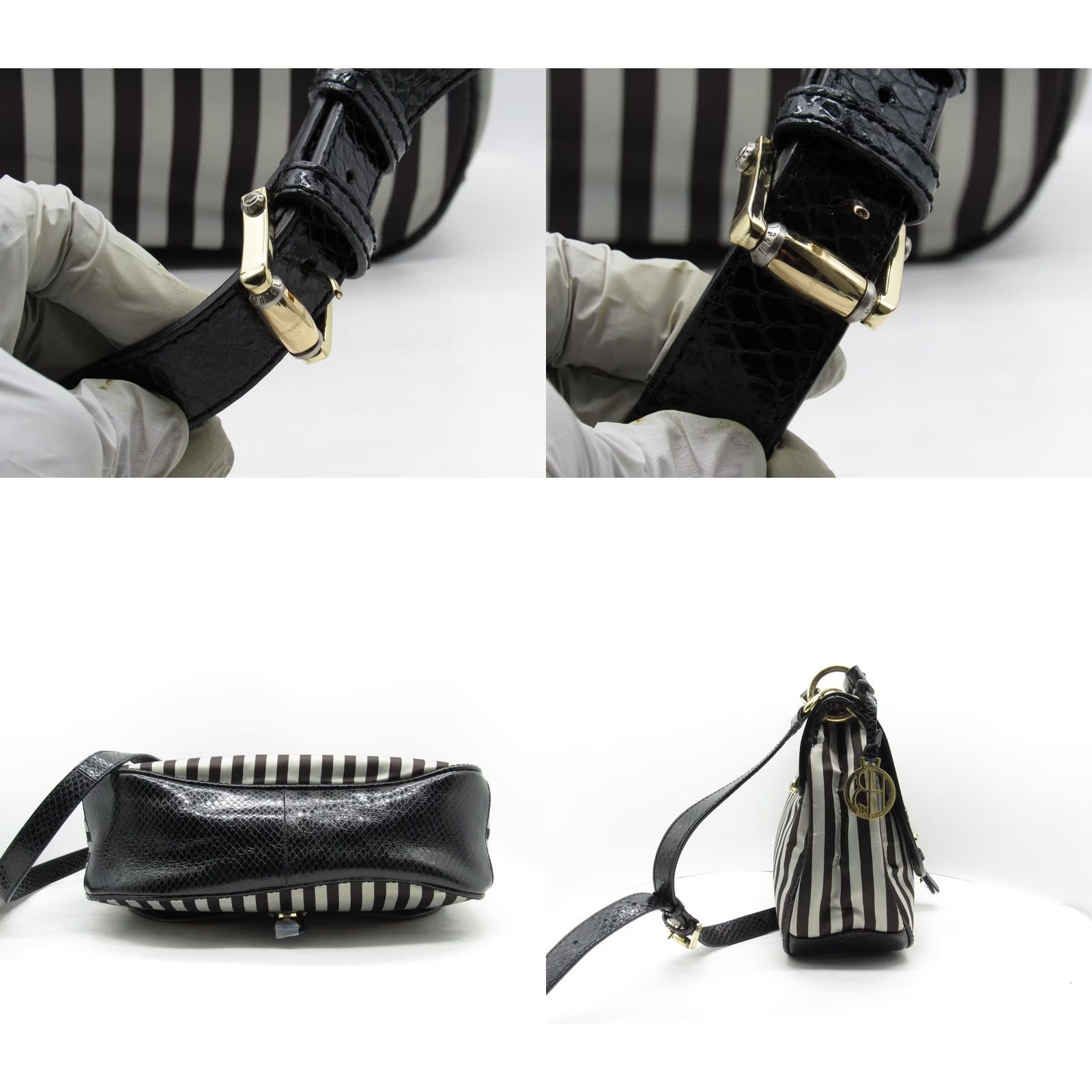 Henri Bendel VINTAGE Henri Bendel Striped Hobo Crossbody Handbag Black Grey Canvas Gold Hardware Womens Crossbody Bag Charm Size ONE SIZE - 8 Thumbnail