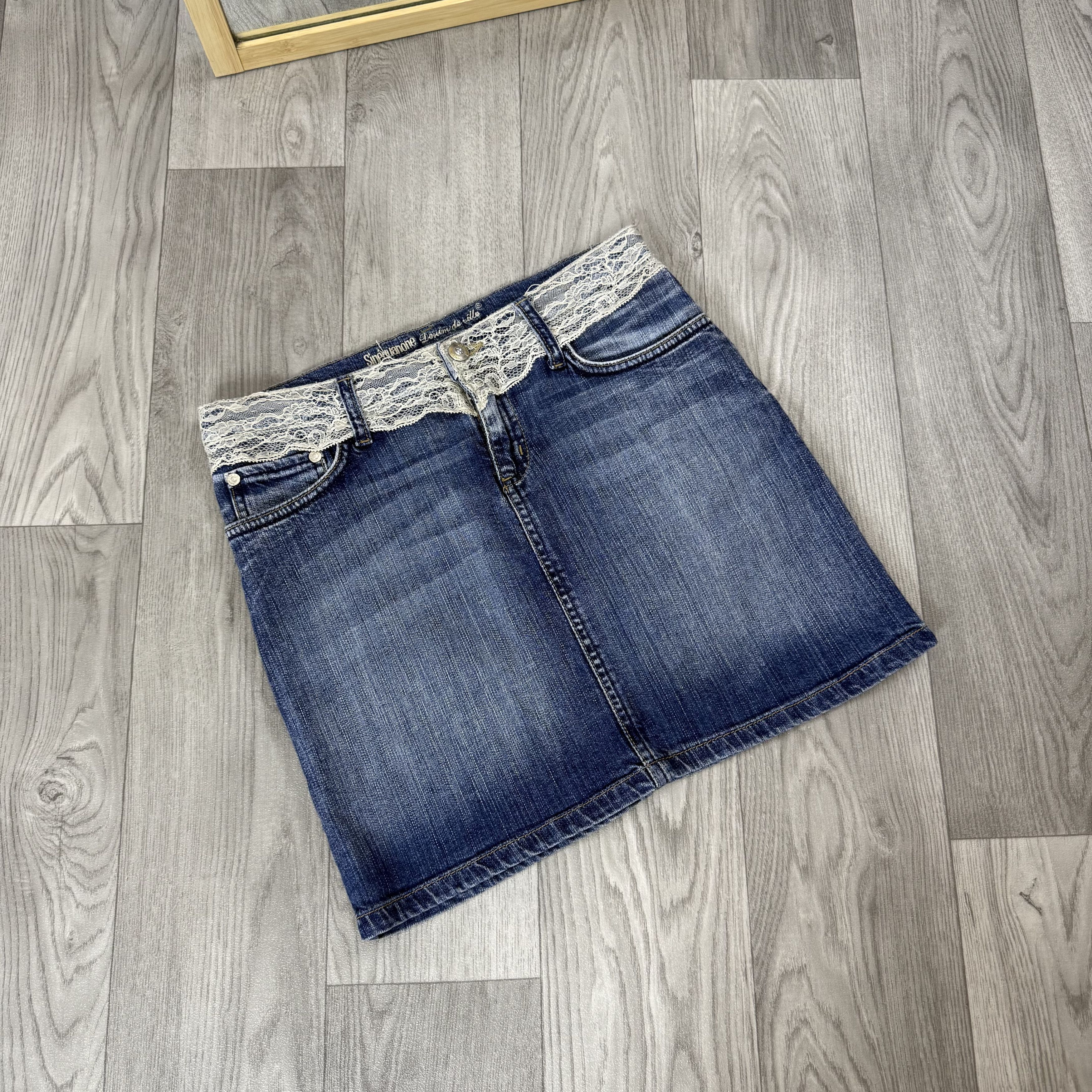 Vintage Vintage Y2K Avantgarde Blue Denim Lace Mini Skirt Low Rise Size 26" / US 2 / IT 38 - 3 Thumbnail