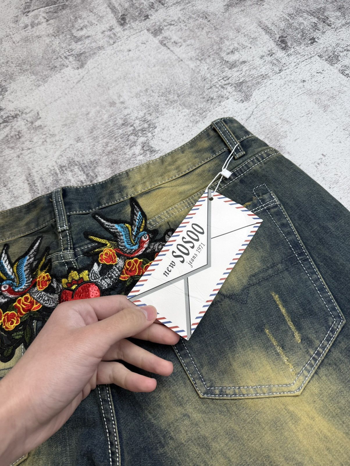 Japanese Brand Rose Embroidered Faded Skate Relaxed Jeans Pants Trousers Size US 38 / EU 54 - 19 Thumbnail