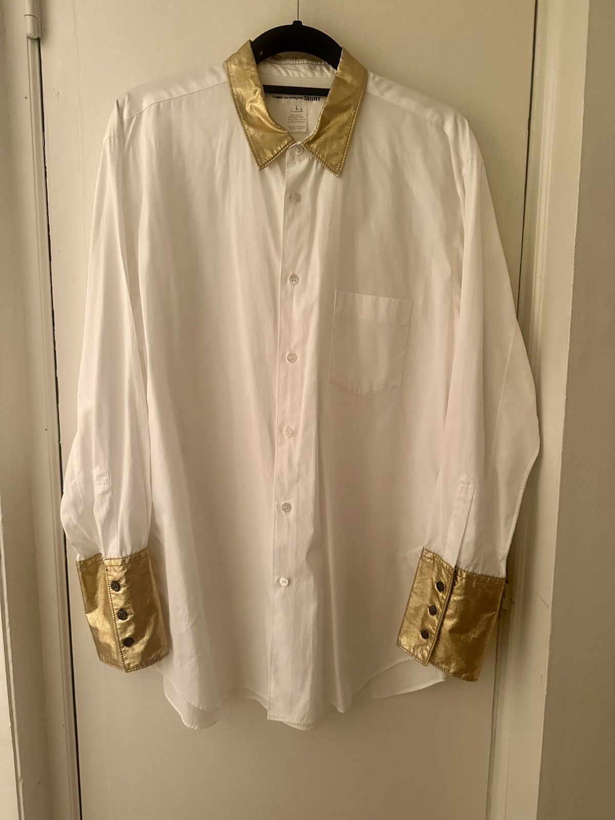 CdG Shirt White Dress Shirt with Gold Collar and Cuffs