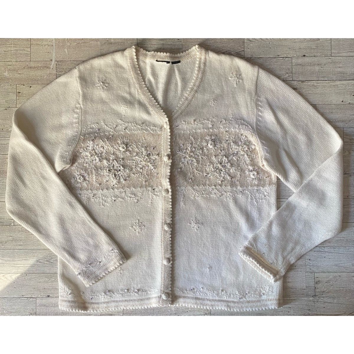 Vintage, Beige, Snowflake Embroidered, Button Down Sweater
