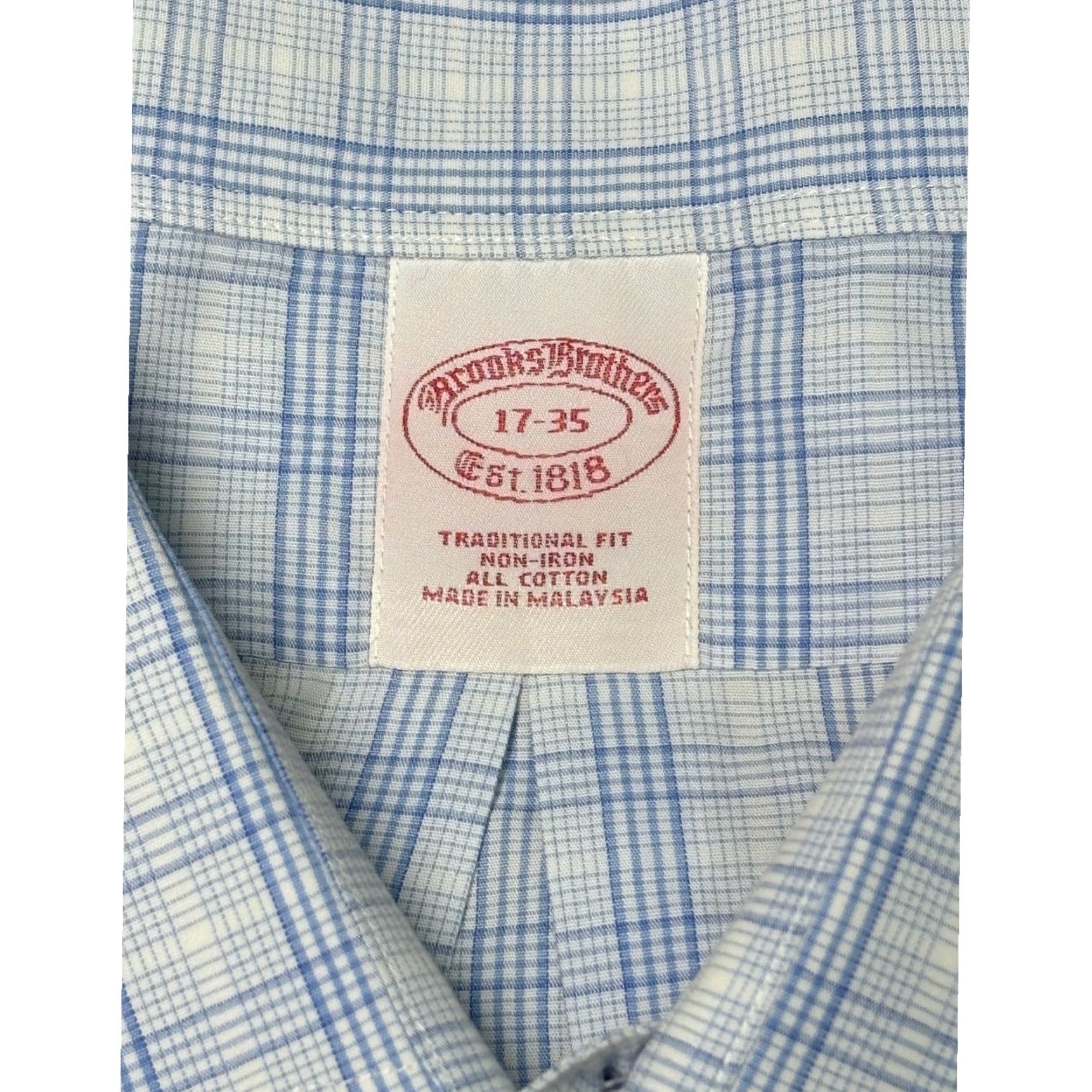 Brooks Brothers Brooks Brothers Mens Dress Shirt Plaid Non Iron Traditional Fit 17in Blue White Long Sleeve Barrel Cuff Pocket Collared Size 46R - 4 Thumbnail
