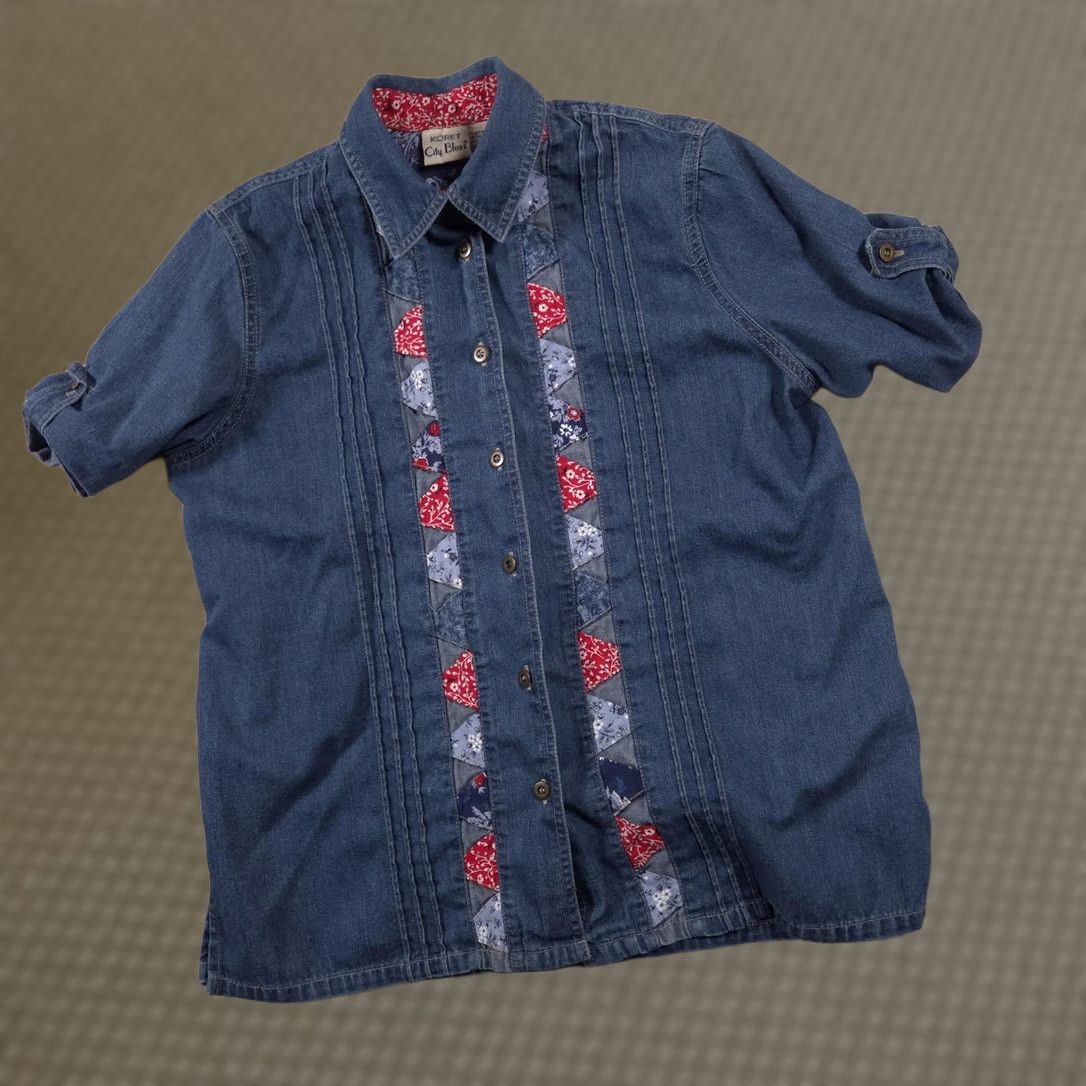 Vintage Koret City Blues Shirt Womens Small Denim Short Sleeve Button Front Patchwork Size S / US 4 / IT 40 - 1 Thumbnail
