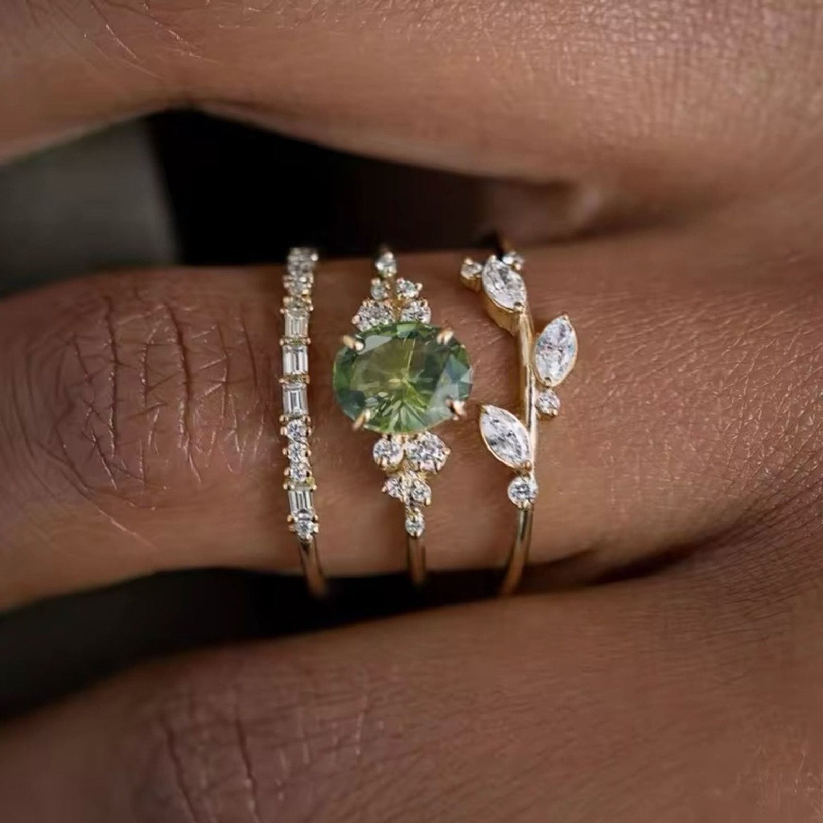 Other Olive Green Cubic Zircon 3Pcs Set Rings for Women size 7, 8 Size ONE SIZE - 1 Thumbnail