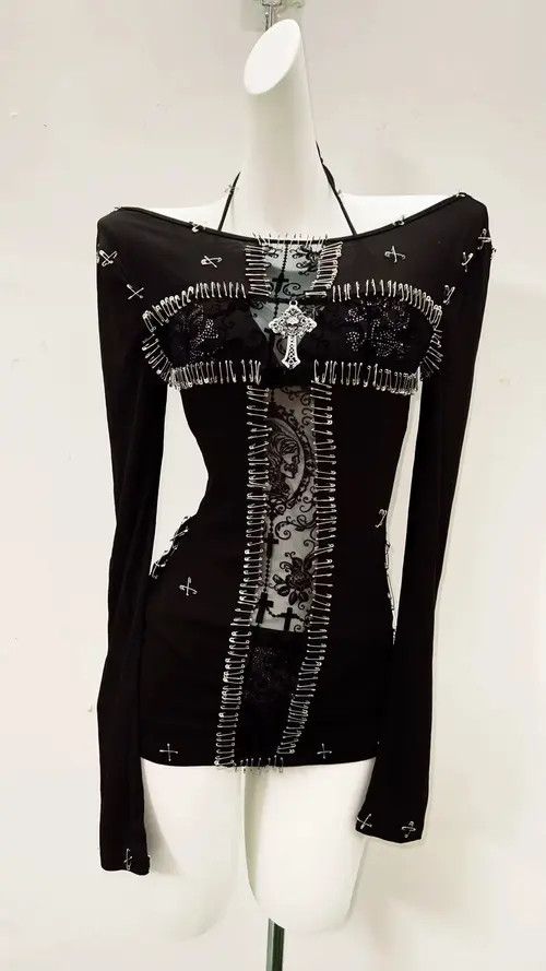 Designer Gothic Punk Y2k Crop Top Long Sleeve Black Shirt Size M / US 6-8 / IT 42-44 - 2 Thumbnail