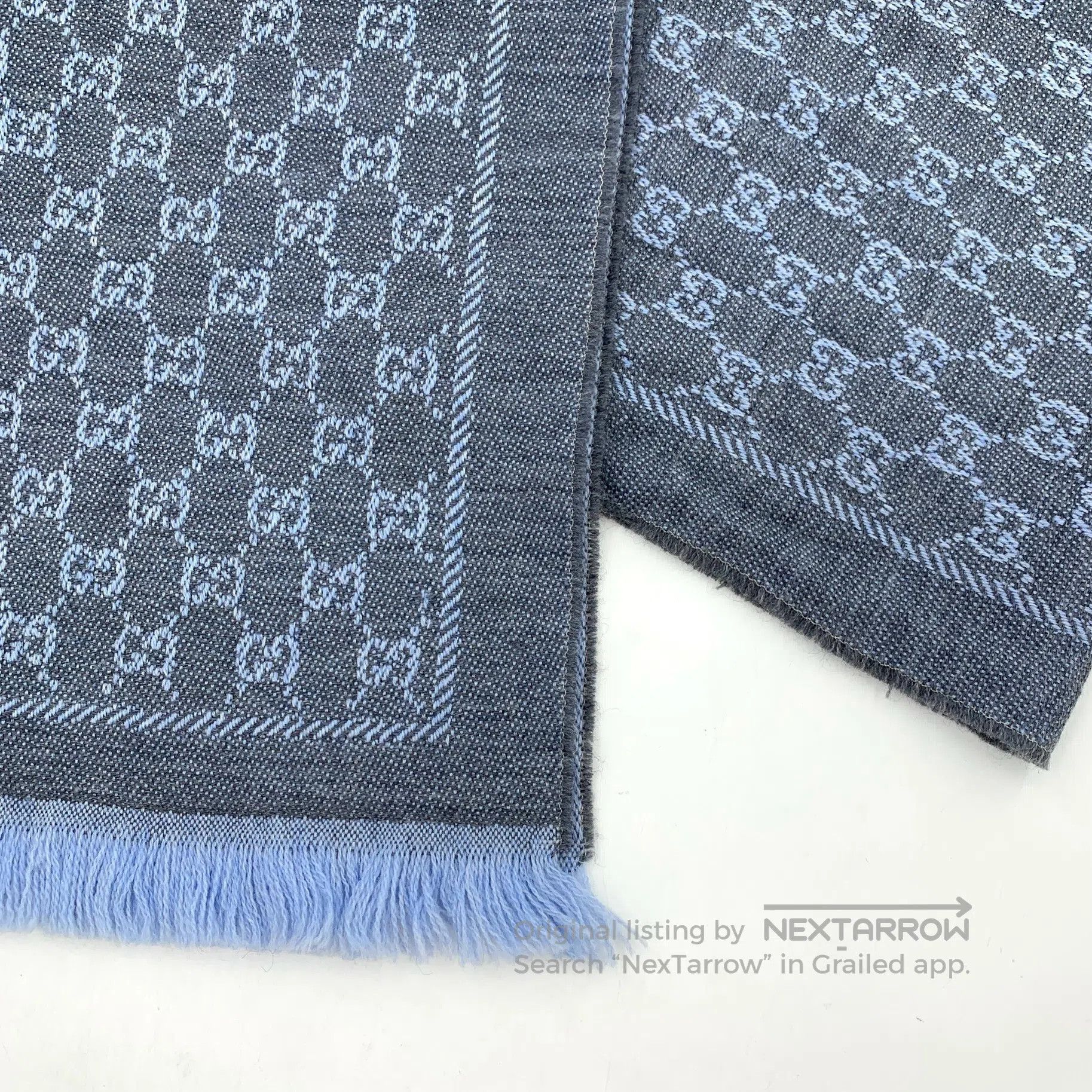 Gucci Guicci Blue-Gray Logo Jacquard Full Print Fringe Scarf| Size ONE SIZE - 5 Thumbnail