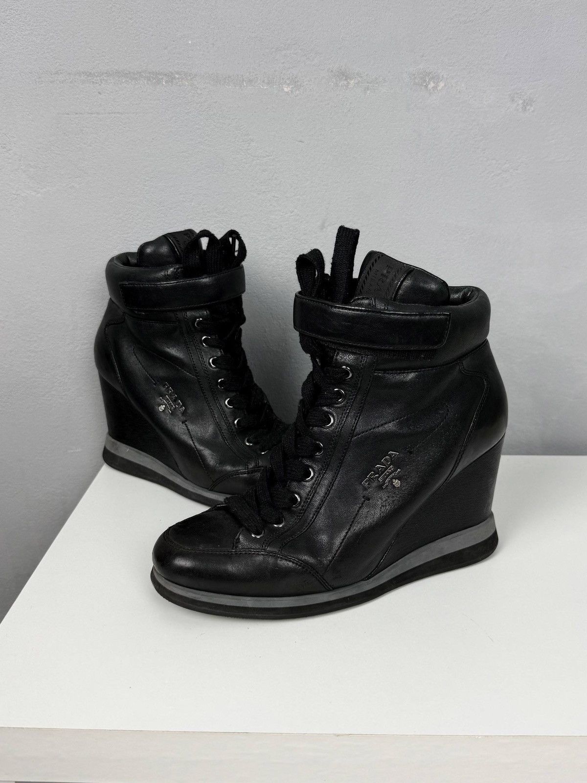 Prada Prada Black Wedge Sneakers Leather High Top EU 37.5 Size US 6.5 / IT 36.5 - 1 Thumbnail
