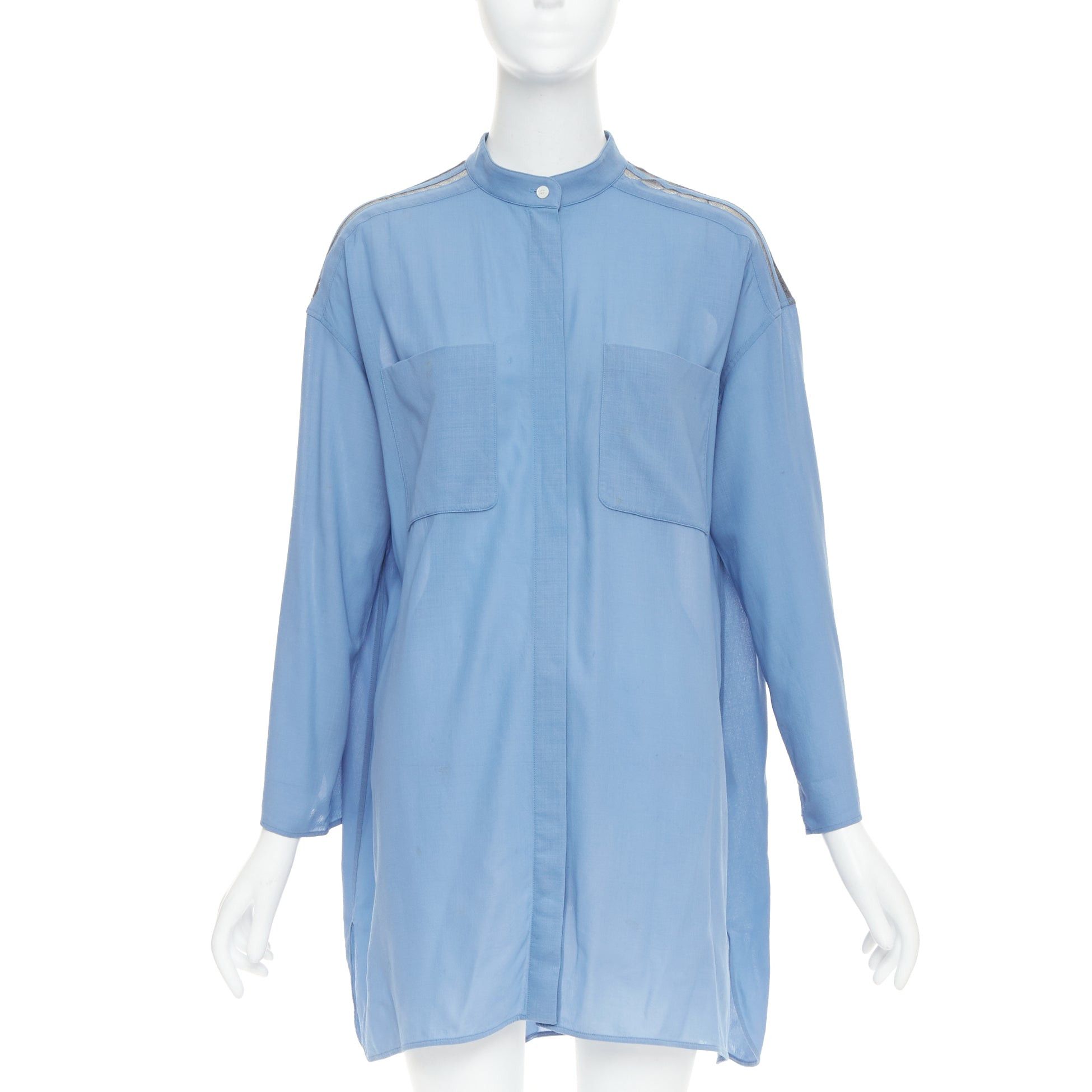 Hermes HERMES blue virgin wool band collar rolled tab sleeves tunic shirt dress FR36 S Size S / US 4 / IT 40 - 1 Thumbnail