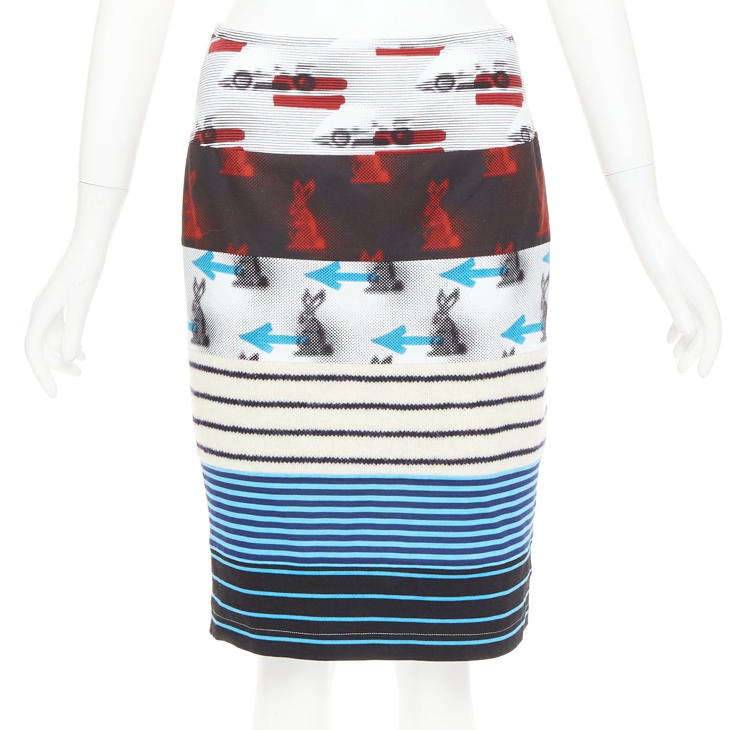 Prada PRADA 2015 Rabbit Trick Race Car graphic stripe knit patchwork pencil skirt IT40 S Size 27" / US 4 / IT 40 - 1 Thumbnail