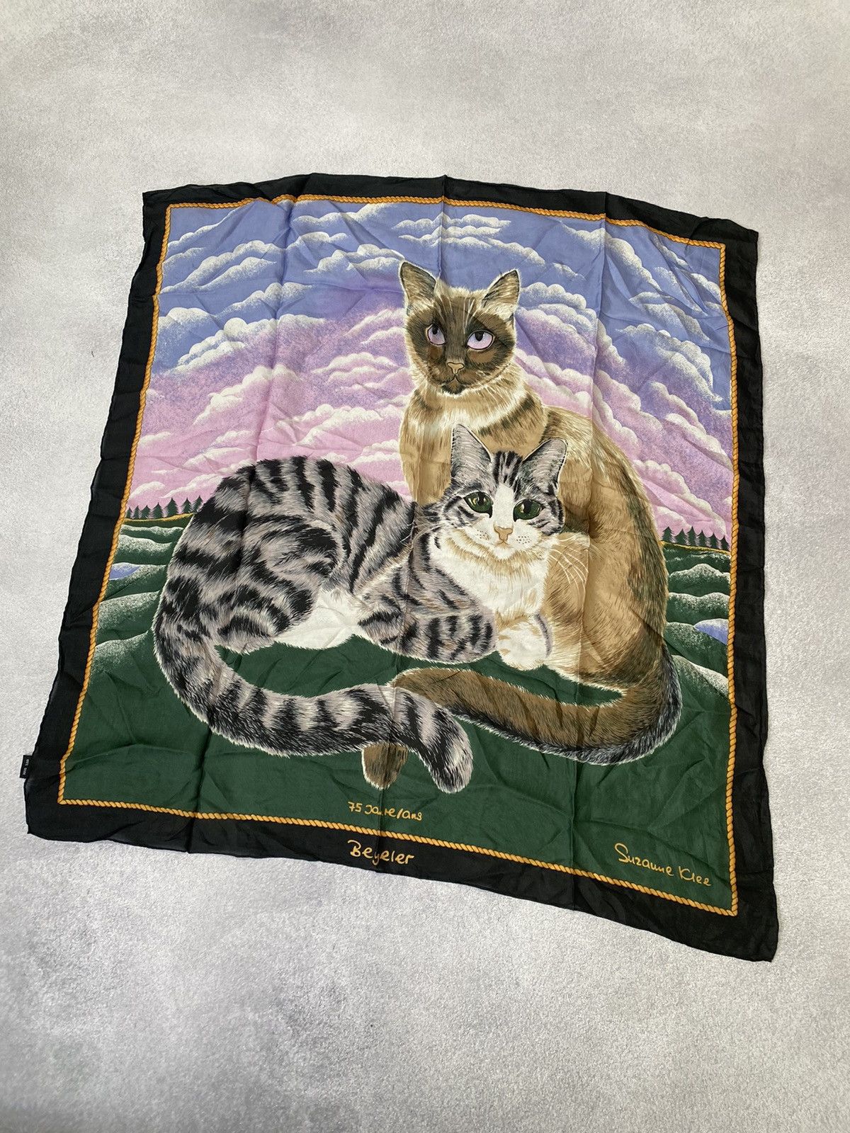 Designer × Vintage SCARF VINTAGE SUZANNE Klee Beyeler Siamese Cats Green Silk Size ONE SIZE - 10 Thumbnail