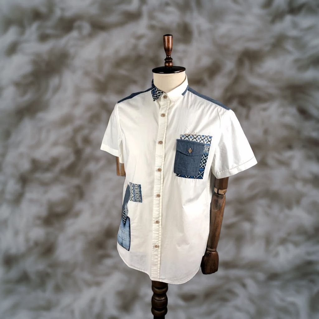Desigual Desigual Men's Shirt L White Cotton Short Sleeve Patterned Patchwork Button-Up Size US L / EU 52-54 / 3 - 1 Thumbnail