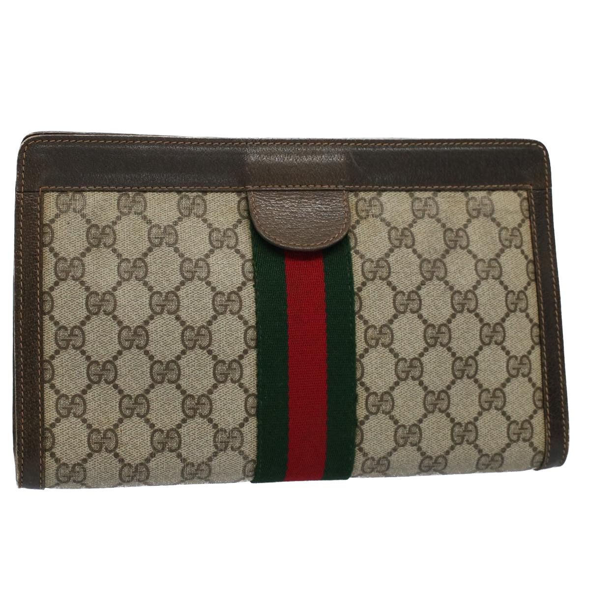 image of Gucci GG Canvas Web Sherry Line Clutch Bag Beige Red 41 011 2125 28 Auth 54724 in Beige/Red, Women'
