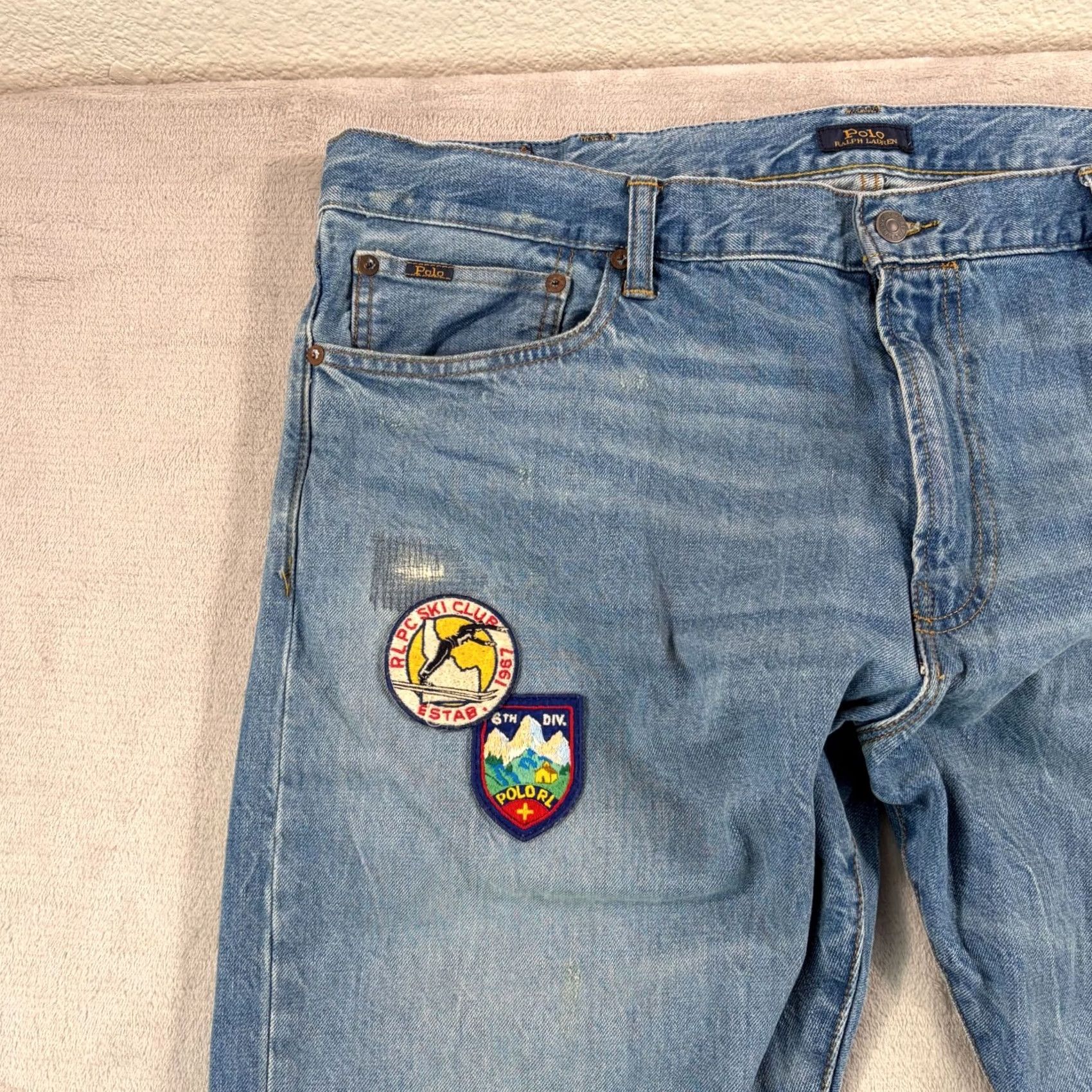 Polo Ralph Lauren Polo Ralph Lauren Jeans Mens 40x30 Blue Slim Straight Varick Ski Club Patch Distressed RLPC Size US L / EU 52-54 / 3 - 4 Thumbnail