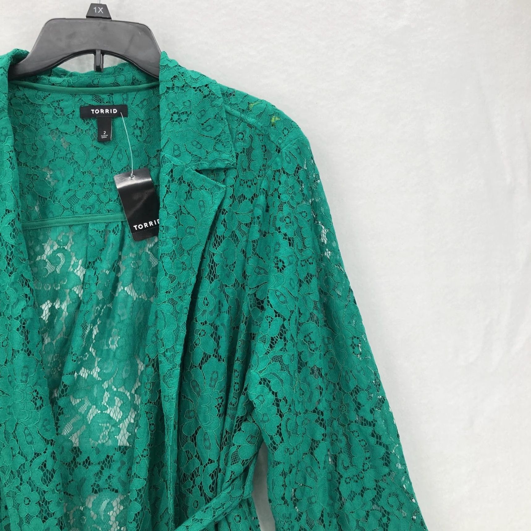 Torrid Torrid Lace Trench Jacket Womens 2X Green Long Sleeve Belted Open Front Sheer Coatigan Size XXL / US 16-18 / IT 52-54 - 2 Thumbnail