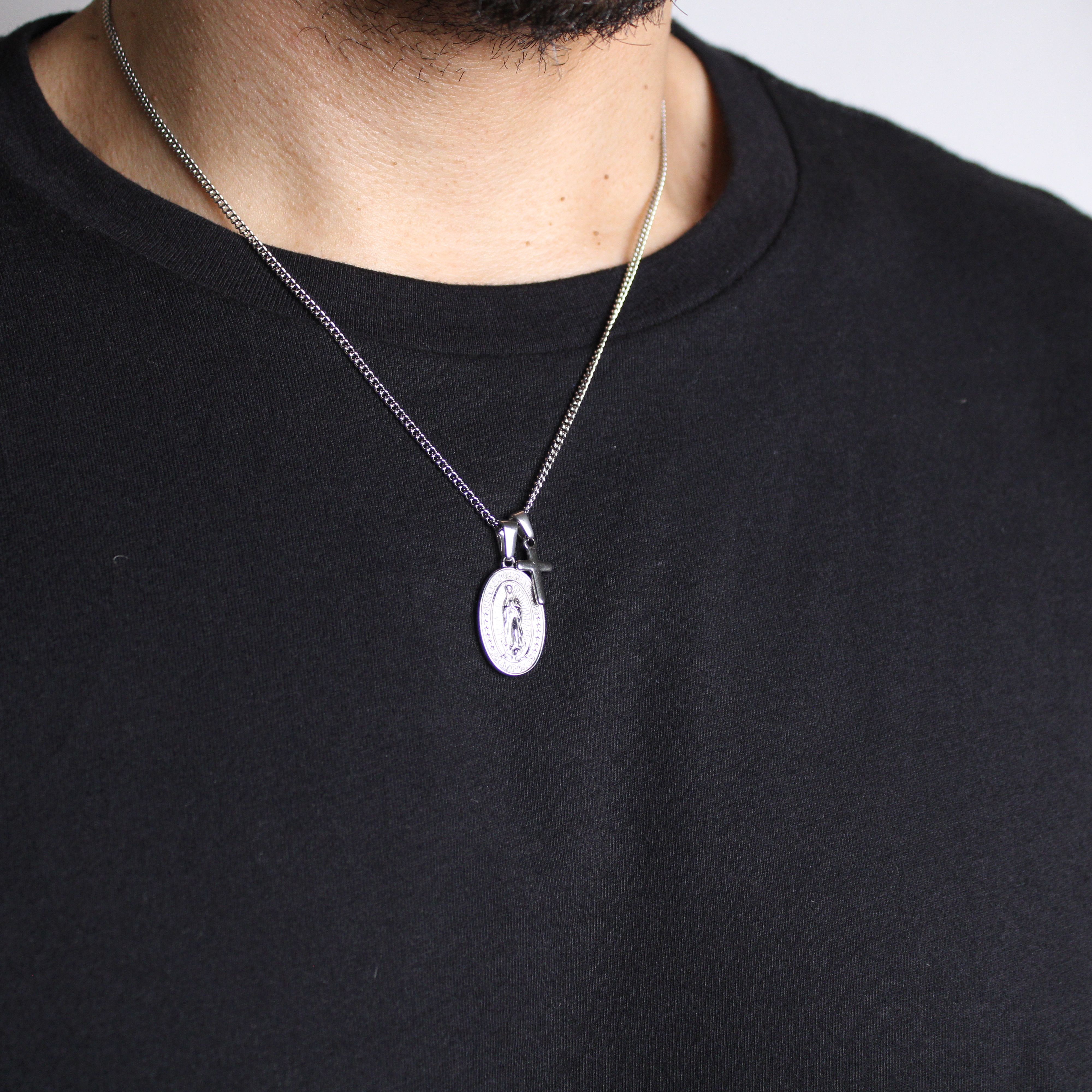 Jewelry Silver Lady of Guadalupe and Mini Cross Pendant Necklace Set Size ONE SIZE - 2 Thumbnail