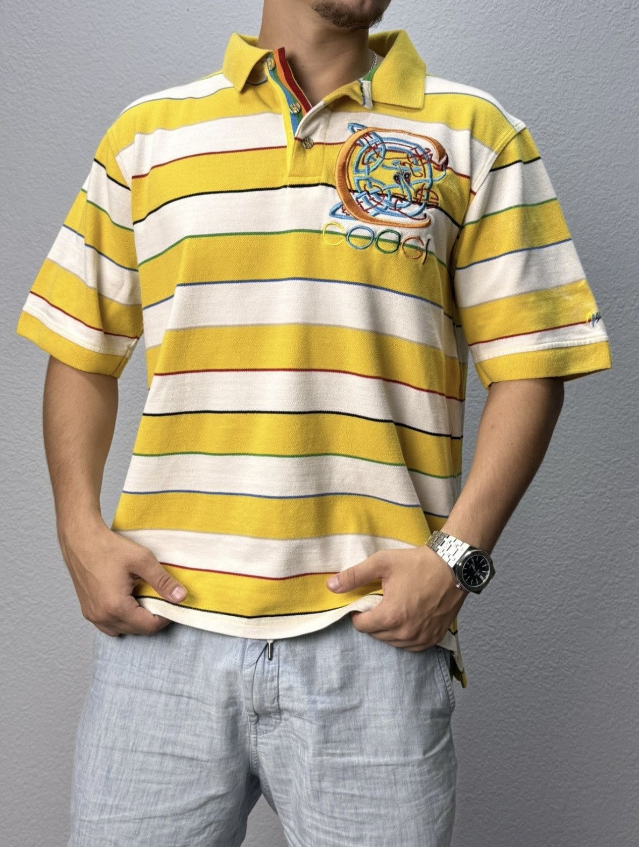 Coogi Vintage COOGI Striped Yellow Polo Size US L / EU 52-54 / 3 - 1 Thumbnail