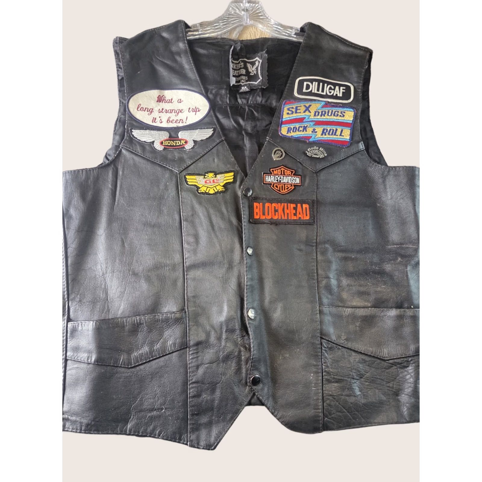 Vintage Black Leather Women's Vest XL Patches And Pins Distressed Motorcycle Jacket Biker, Classic, Steampunk - XS Size XL / US 12-14 / IT 48-50 - 1 Thumbnail