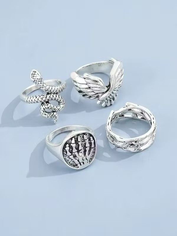 Jewelry × Vintage Retro Punk Gothic Silver 4pc Ring Set Size ONE SIZE - 4 Thumbnail